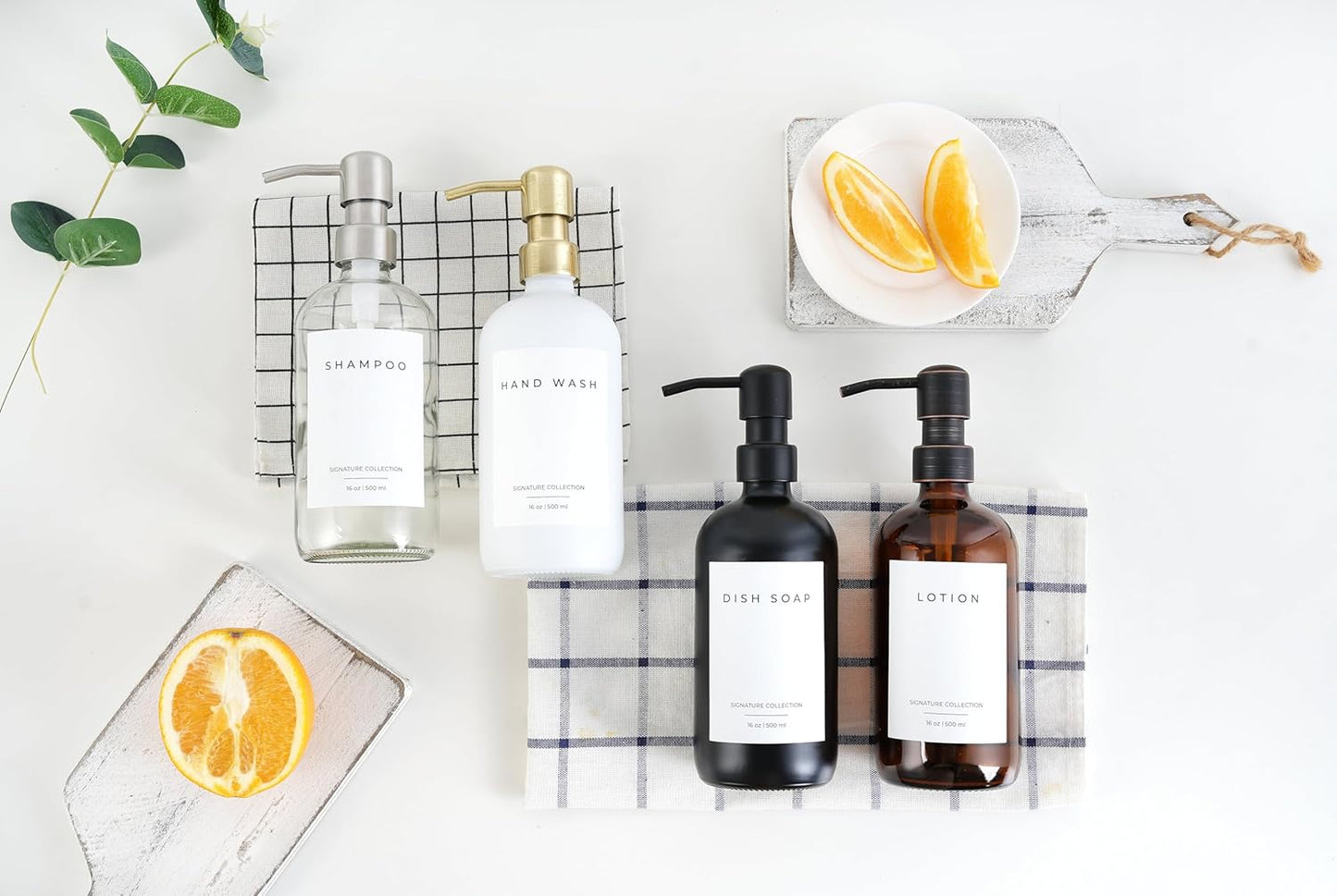 Emerson Essentials Soap Dispenser for Kitchen, Dish Dispenser for Kitchen, Bathroom Hands Set, Glass Bottles with Pump and Labels - 16 Oz, 2 Pack