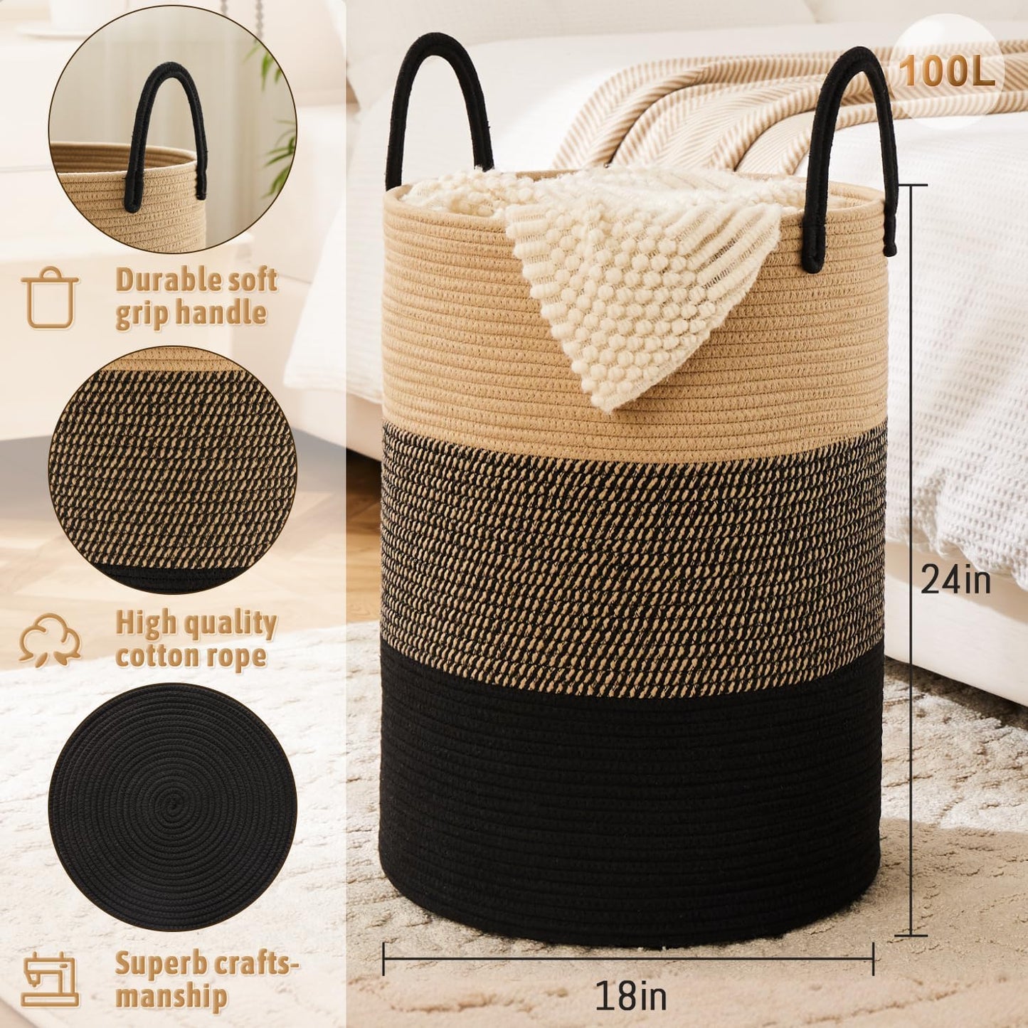 Laundry Basket,Woven Cotton Rope Laundry Hamper,100L for Decorative Storage of Dirty Clothes,Toys and Blankets in Bathroom,Bedroom and Living Room