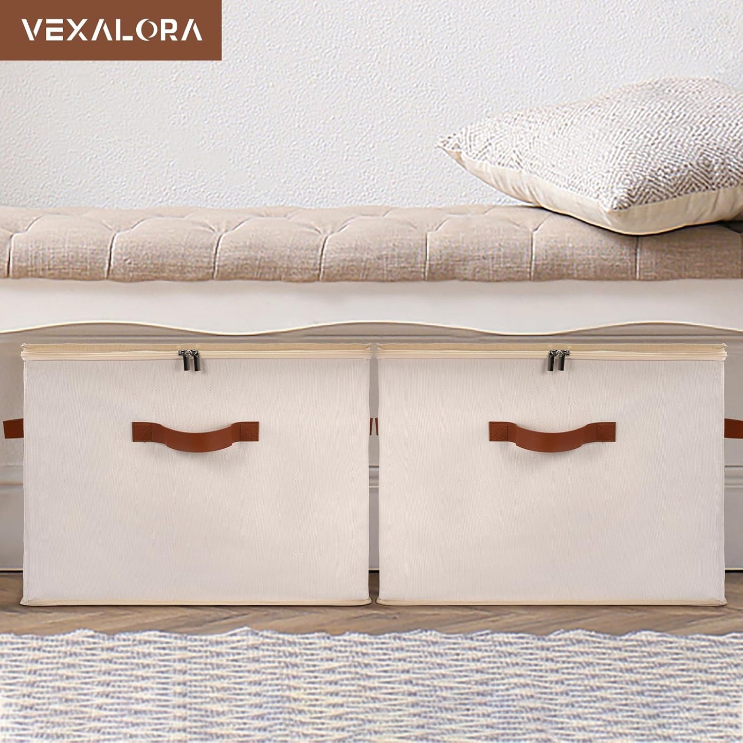 Shoe Organizer Box 2 Pack, Shoe Storage Organizer with Clear Cover, Adjustable Dividers Fits 16-32 Pairs, Fabric Shoe Organizer for Closet, Beige