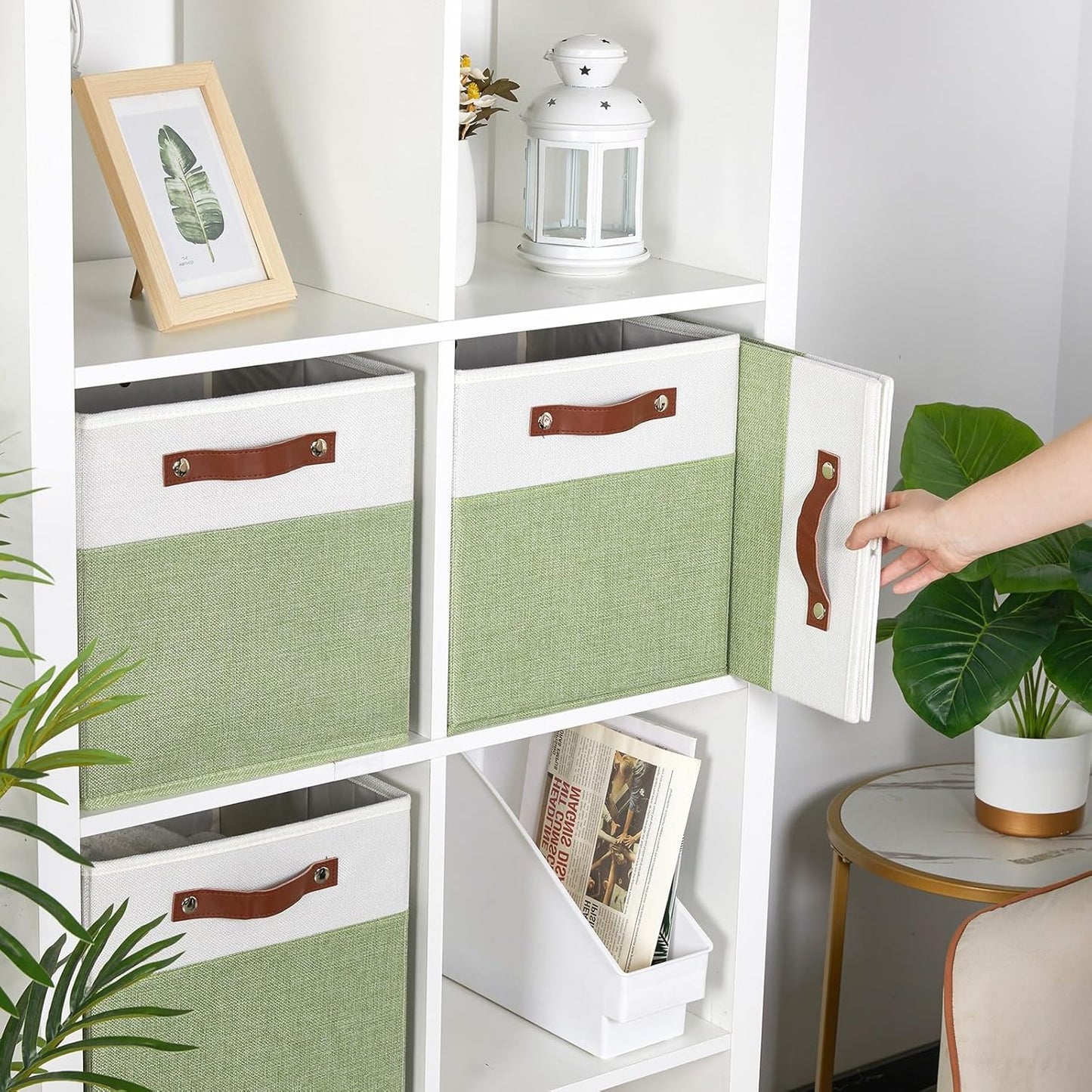 HNZIGE Fabric Storage Cubes for Shelves Set of 4 ,Storage Cubes Baskets 12 x12, Decorative Storage Bins Basket with Handles, Green Baskets for Organizing Home Nursery(Green White)