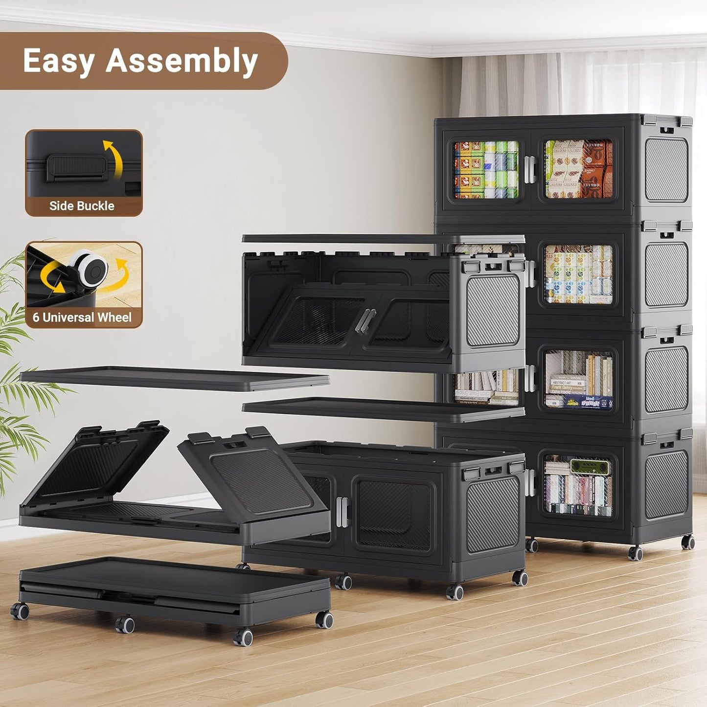 BROVIEW 1200 Qt Stackable Storage Bin with Lid, 300Gal Extra Large Collapsible Storage Boxes, Folding Plastic Drawer, Heavy-Duty Store Cabinet, Closet Organizer for Home Kitchen, 4 Pack Black