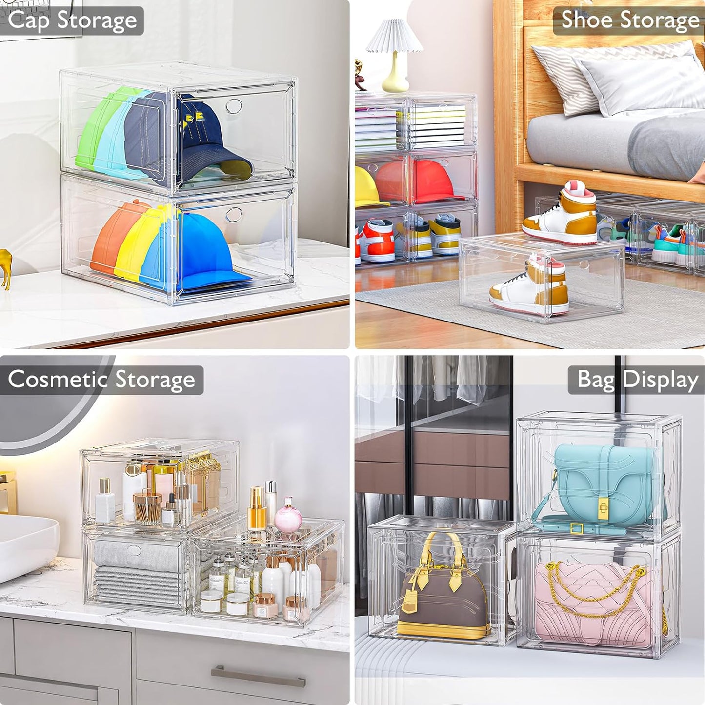 12 Pack Clear Shoe Storage Organizer with Magnetic Door,Stackable Plastic Shoe Boxes for Sneakers,Boots,and Heels,Space-Saving Foldable Shoe Rack for Closet,Durable Shoe Cabinet Organizer,White