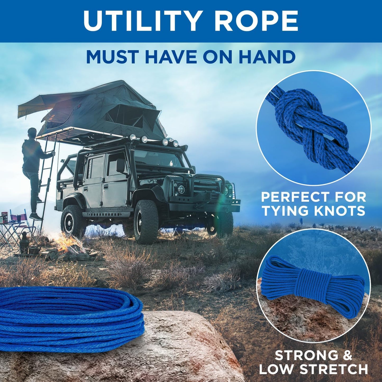 TECEUM Cotton Rope 3/16” (5 mm) – 100 FT – Strong All-Purpose Braided Rope – Natural Cotton – for Crafting, Сamping, Clothes Line, DIY, Indoor & Outdoor Use – Blue