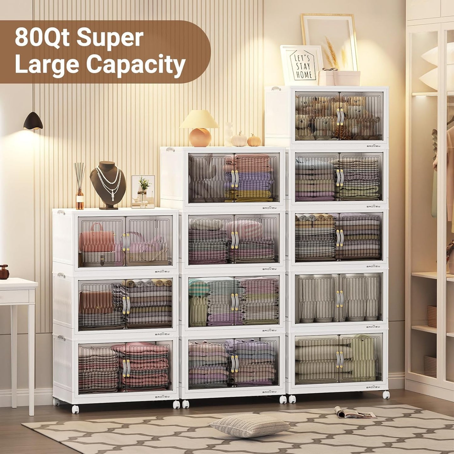 BROVIEW 320Qt Stackable Storage Bins with Lid, Extra Large Closet Organizer Collapsible Drawer Boxes with Wheels, Folding Plastic Cabinet Containers for Home Kitchen Room Organization, 4Pack White