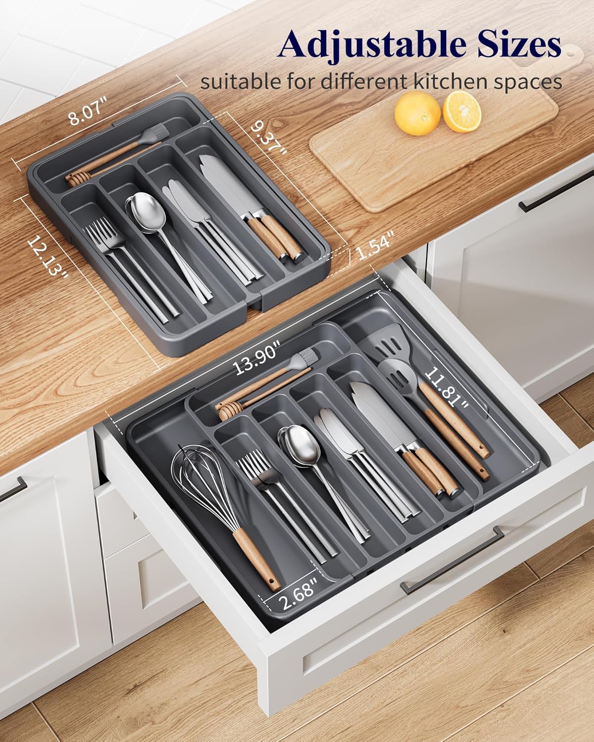 Kitsure Cutlery Drawer Organiser for Kitchen - Adjustable Cutlery Tray for Effortless Utensil Sorting, Versatile Kitchen Storage & Organisation Solution, 12.13" x 1.54" x 8.07"~13.90", Grey