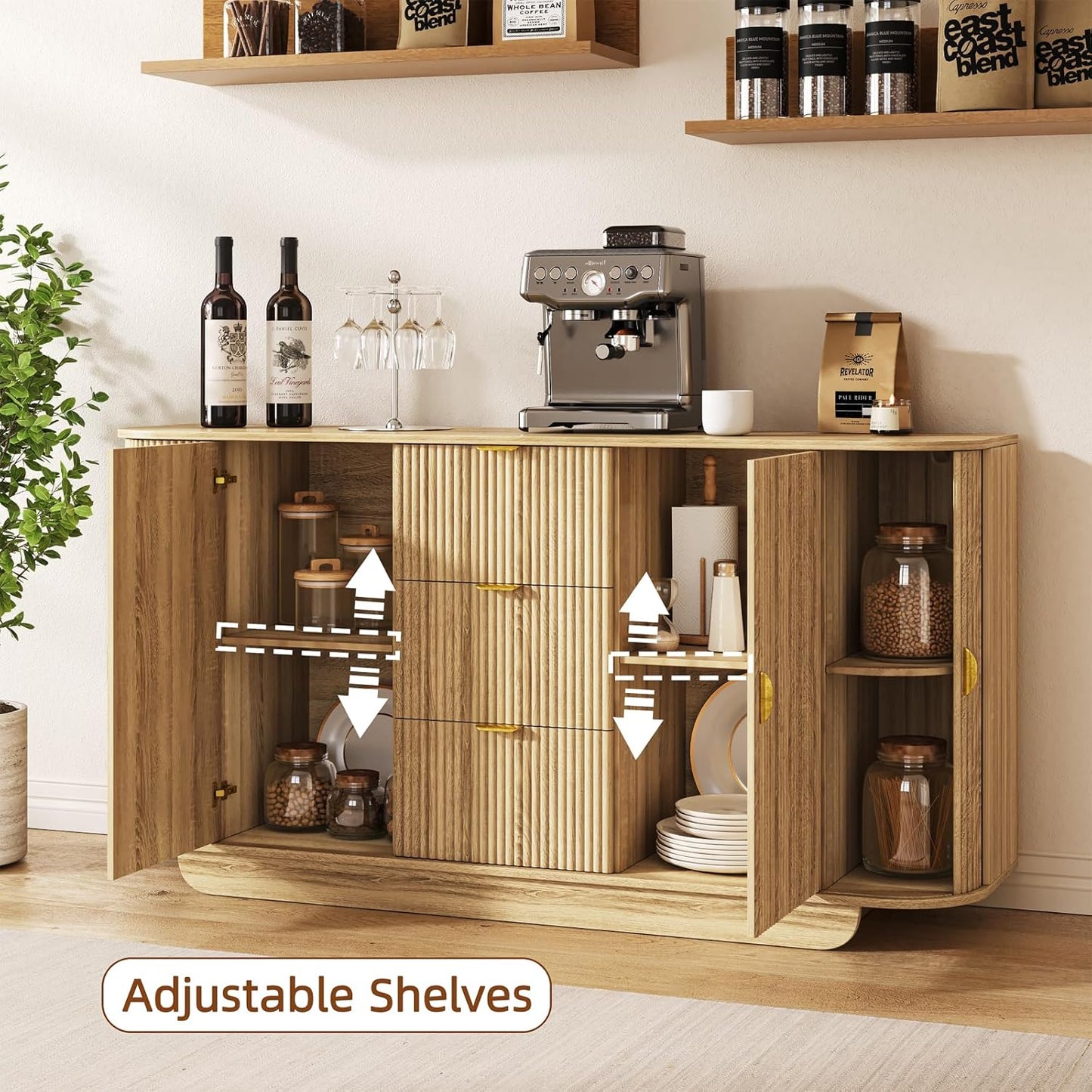 63" Tambour Dresser for Bedroom with 3 Drawers, Modern Chest of Drawers with Sliding Doors & 8 Shelves, Fluted Dresser Storage Organizer for Bedroom, Closet, Living Room(Natural)