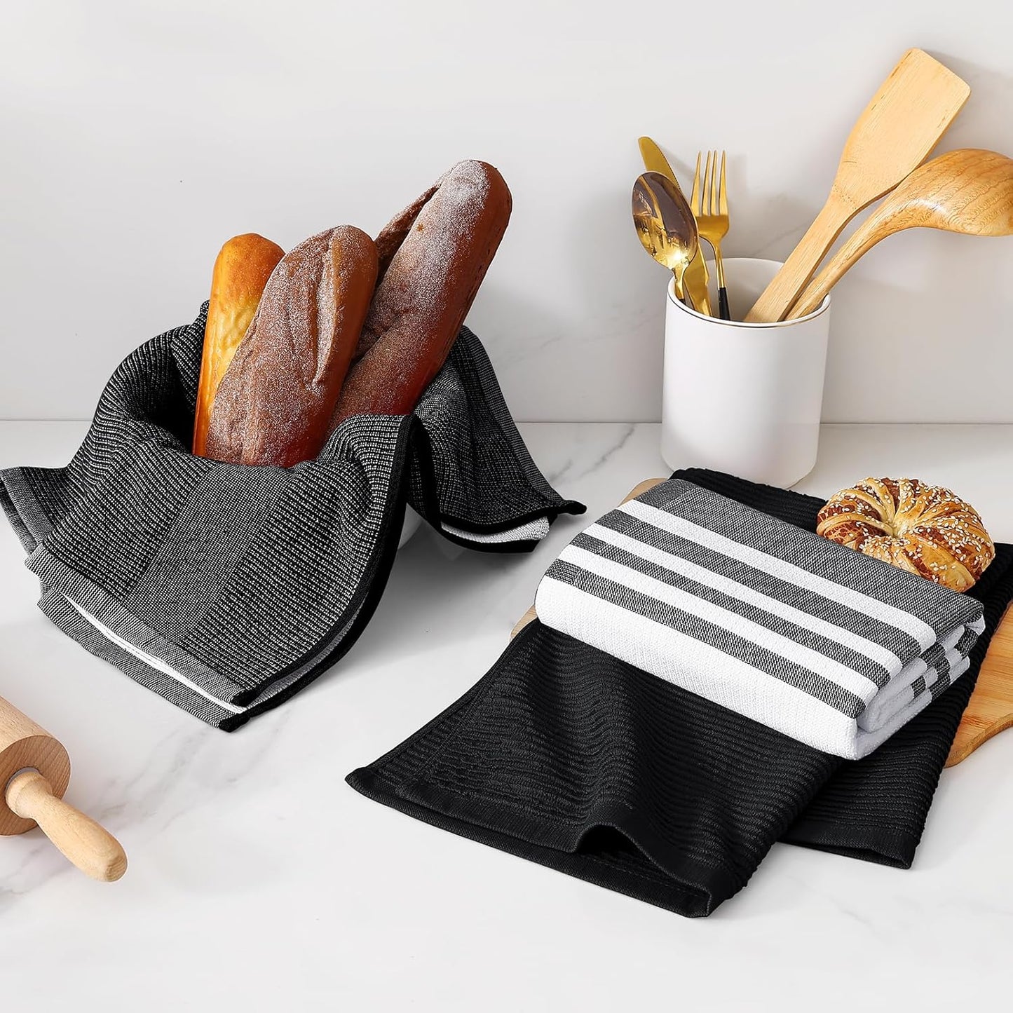 Homaxy Premium Kitchen Towels(18”x 28”, 6 Pack), Large Cotton 380 GSM Kitchen Hand Towels, Soft and Absorbent Terry Dish Towels, Multipurpose Tea Towel Set with Hanging Loop, Black