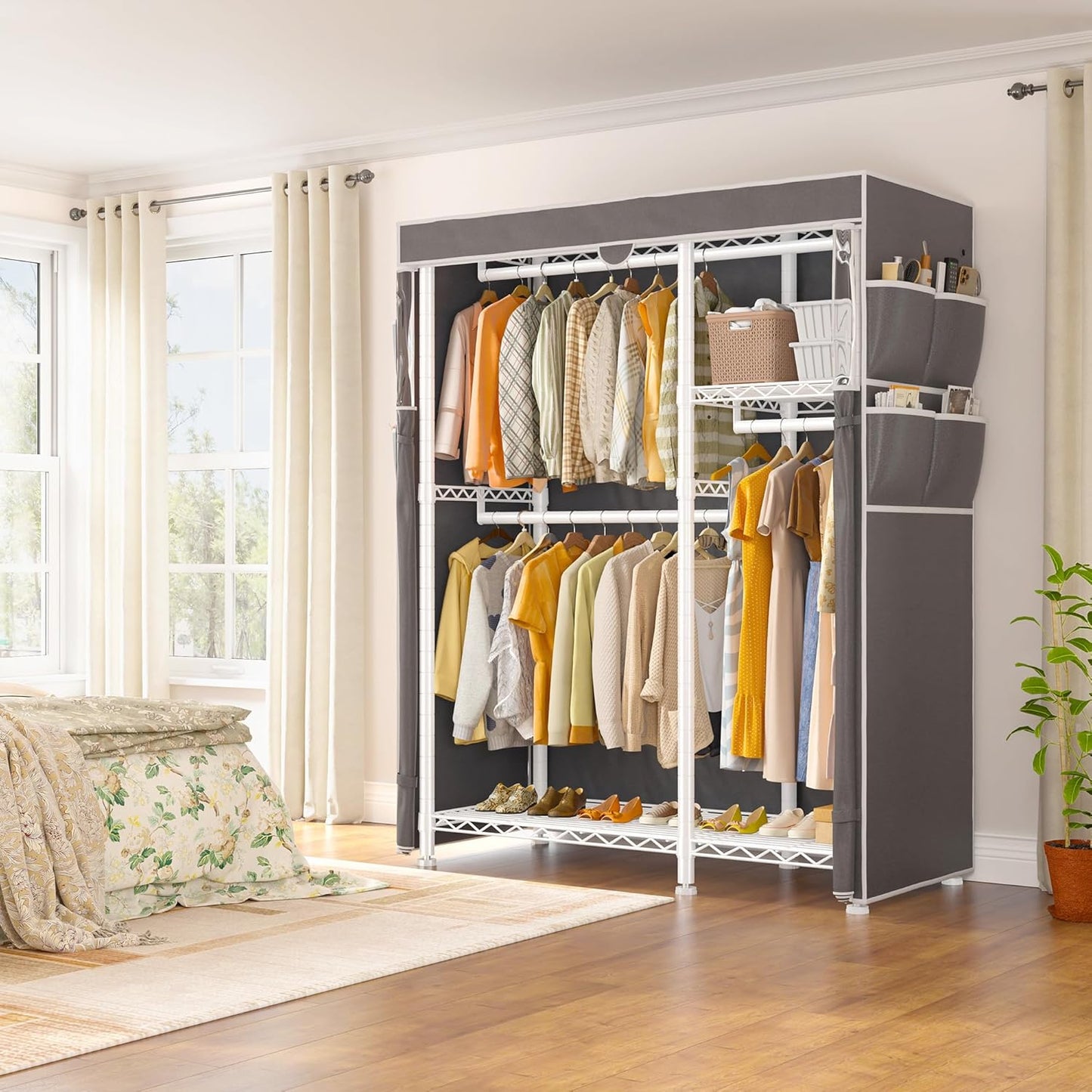 Raybee Clothes Rack with Cover,Clothing Racks for Hanging Clothes with Wheels and Adjustable Feets,Rolling Heavy Duty Garment Rack,White