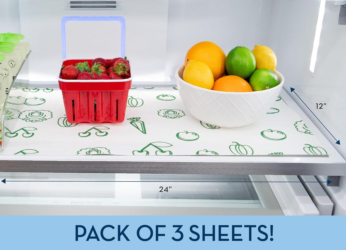 Refrigerator Liners, Shelf Liner, Absorbent Fridge Liners, 12 Inch x 24 Inch, Veggie Print, 3 Pack