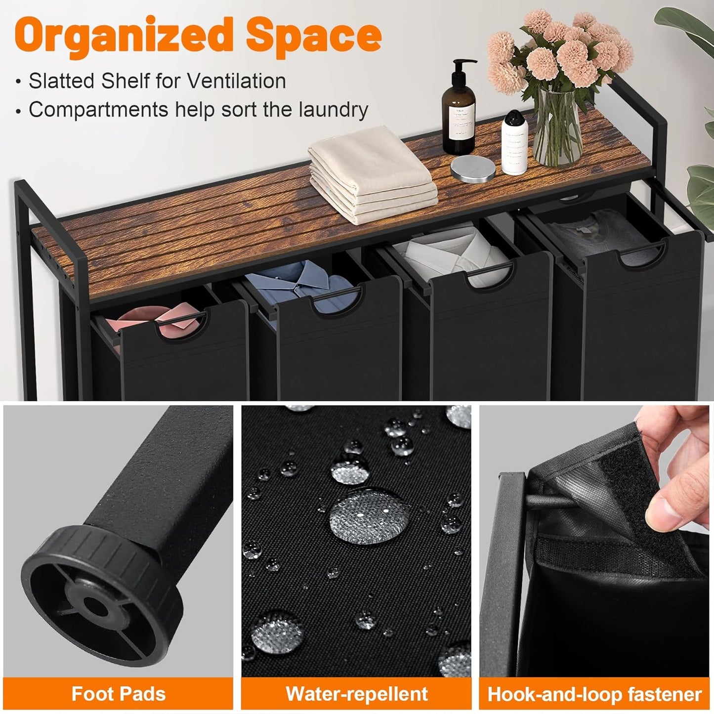 Laundry Hamper, Laundry Sorter with 4 Pull-Out Removable Oxford Fabric Bags Cloth Laundry Basket 4 x 10 Gallons (Black and Rustic Brown)