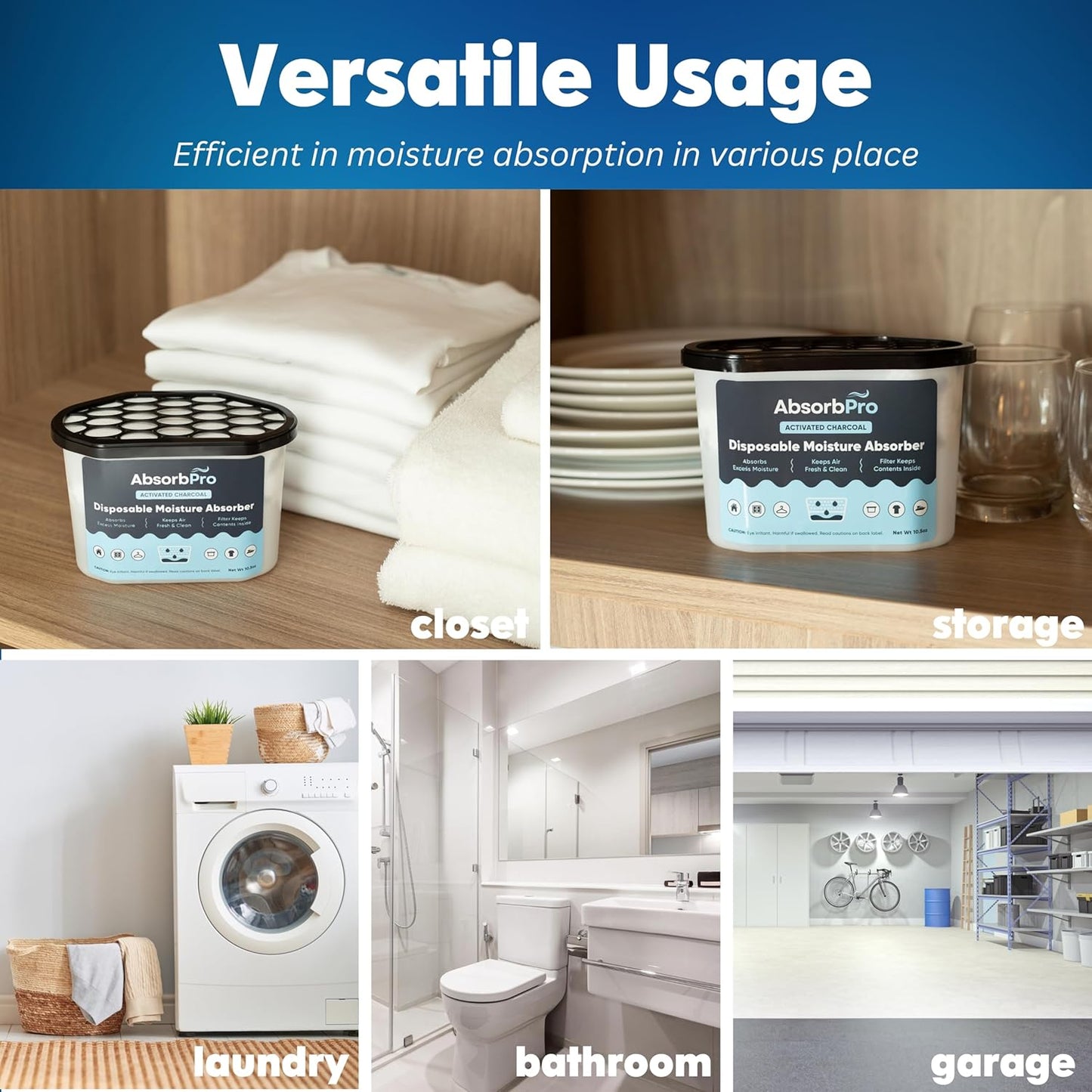 Moisture Absorber Tub with Activated Charcoal - 6-Pack - 10.5 oz Disposable Odor Eliminator Box & Dehumidifier for Garage, Home, Kitchen, Bedroom, Bathroom, Closet, Cars, and Boats