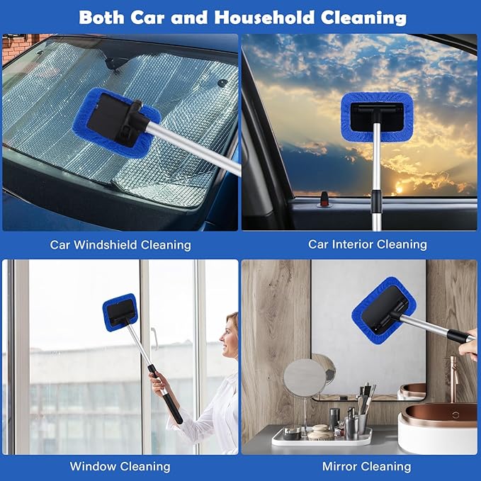 Frienda 3 Set Windshield Cleaner Tool Inside Car Window Cleaner Tool with 3 Extendable Handle 9 Reusable Microfiber Pads and 3 Spray Bottles for Auto Home Interior Exterior Glass Cleaning(Blue)