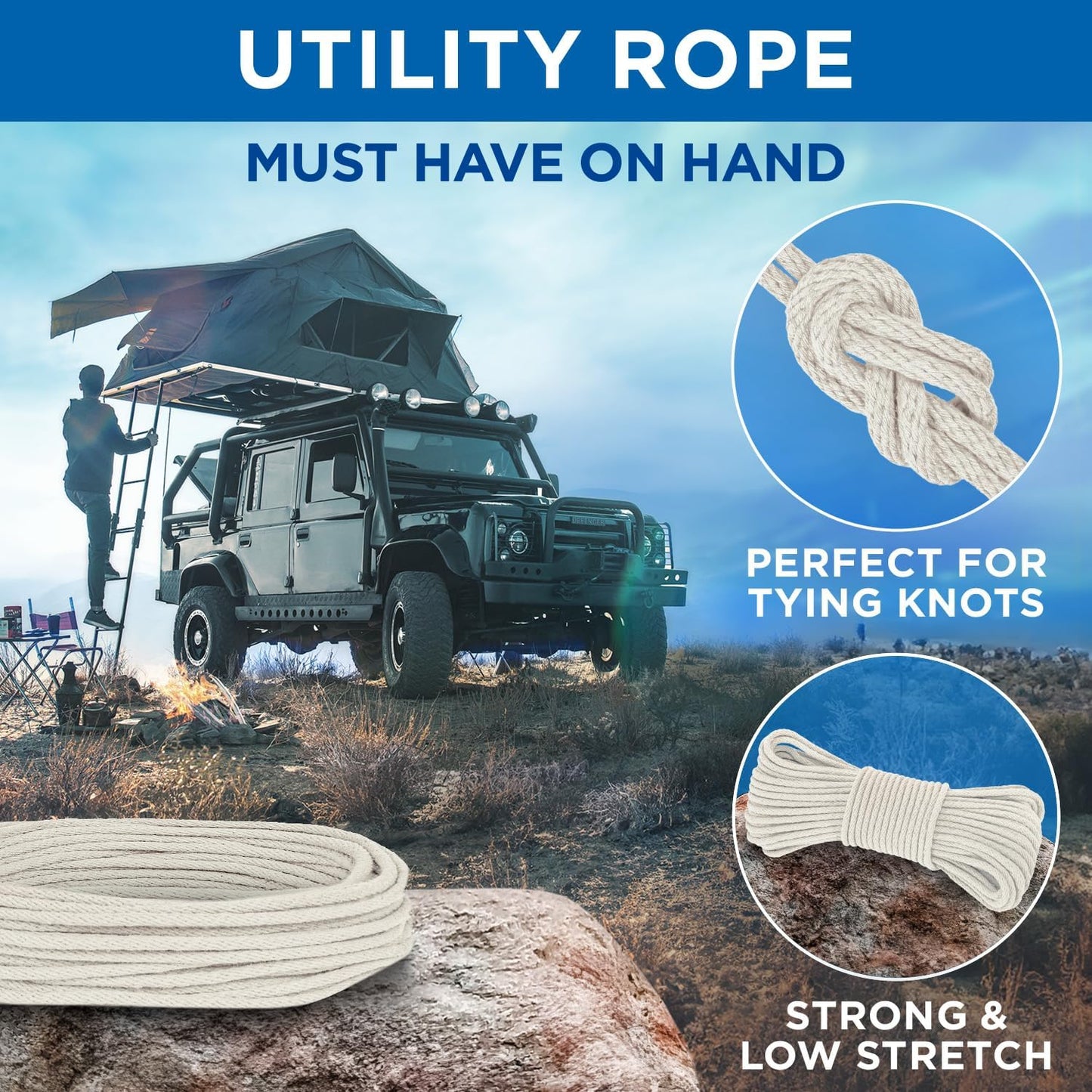 TECEUM 500lb Cotton Rope 3/16” (5 mm) – 100 FT – Strong All-Purpose Braided Rope – Natural Cotton – for Crafting, Сamping, Clothes Line, DIY, Indoor & Outdoor Use – Natural