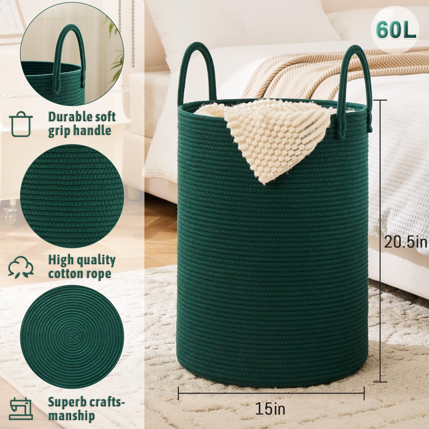Laundry Basket,Woven Cotton Rope Laundry Hamper,60L for Decorative Storage of Dirty Clothes,Toys and Blankets in Bathroom,Baby Room and Living Room