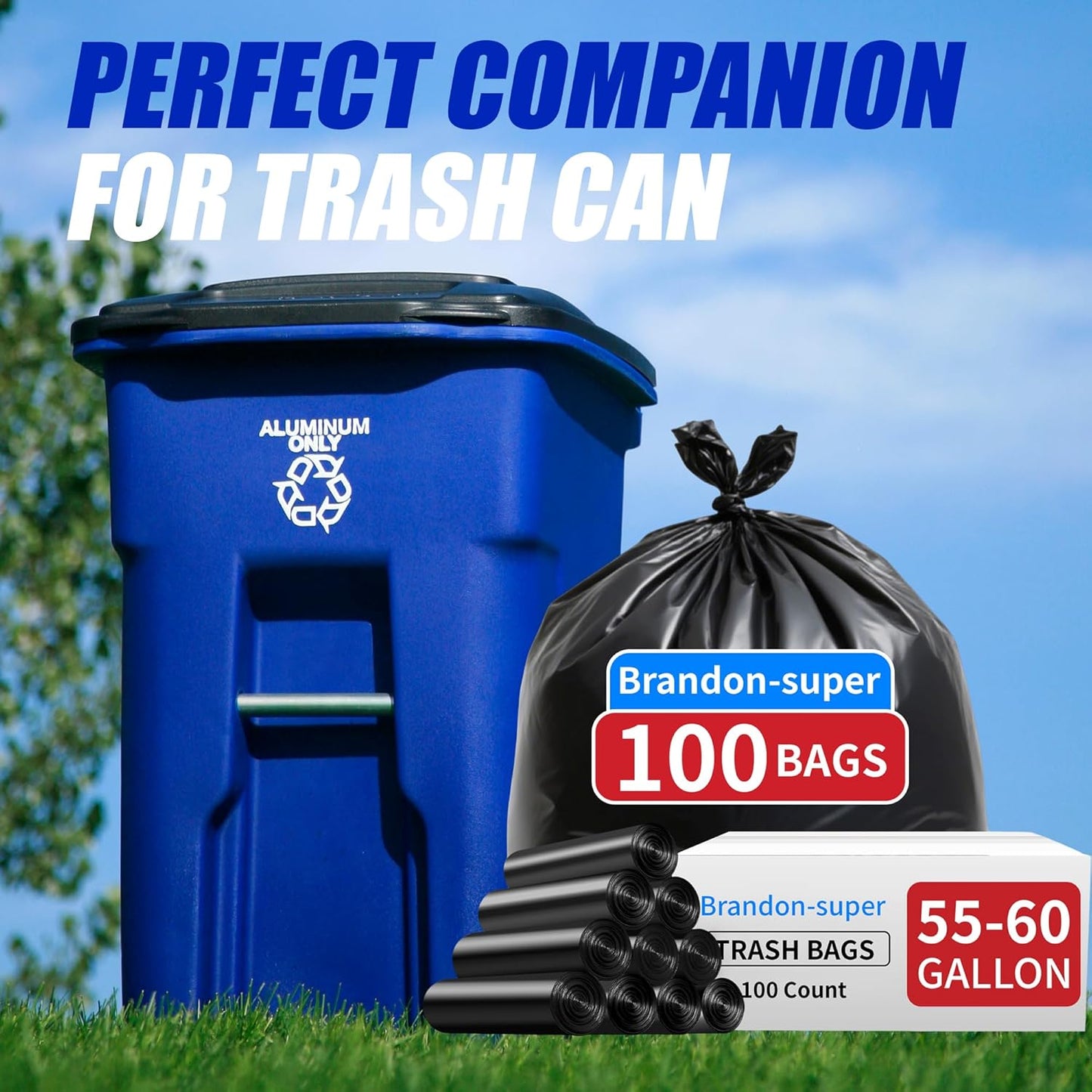 Brandon-super 55-60 Gallon Trash Bags, 100 count, Sturdy & Tear-Resistant Commercial Can Liners 55 Gallon, Large Garbage Bags, Large Black Trash Bags for Commercial, Lawn and Leaf Bags