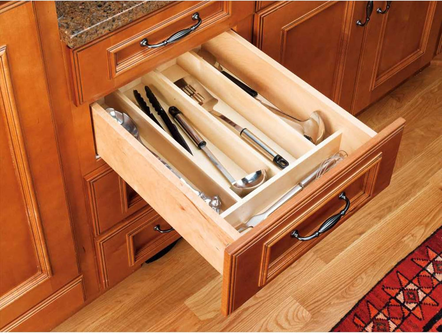 Rev-A-Shelf Trim-to-Fit Silverware Drawer Organizer For Kitchen Utensils, Cutlery Cabinet Storage Divider Insert, 18.5X22 X 2 7/8" D, Maple Wood, 4WUT-1