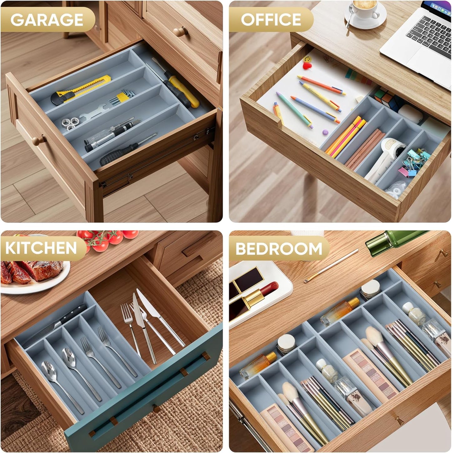 Silverware Organizer, 2 Pack 10 Inch Utensil Organizer Kitchen Drawer Organizer Bamboo Silverware Holder Cutlery Tray Organizer in Drawer Flatware Organizer Tray(5 slots, Gray)