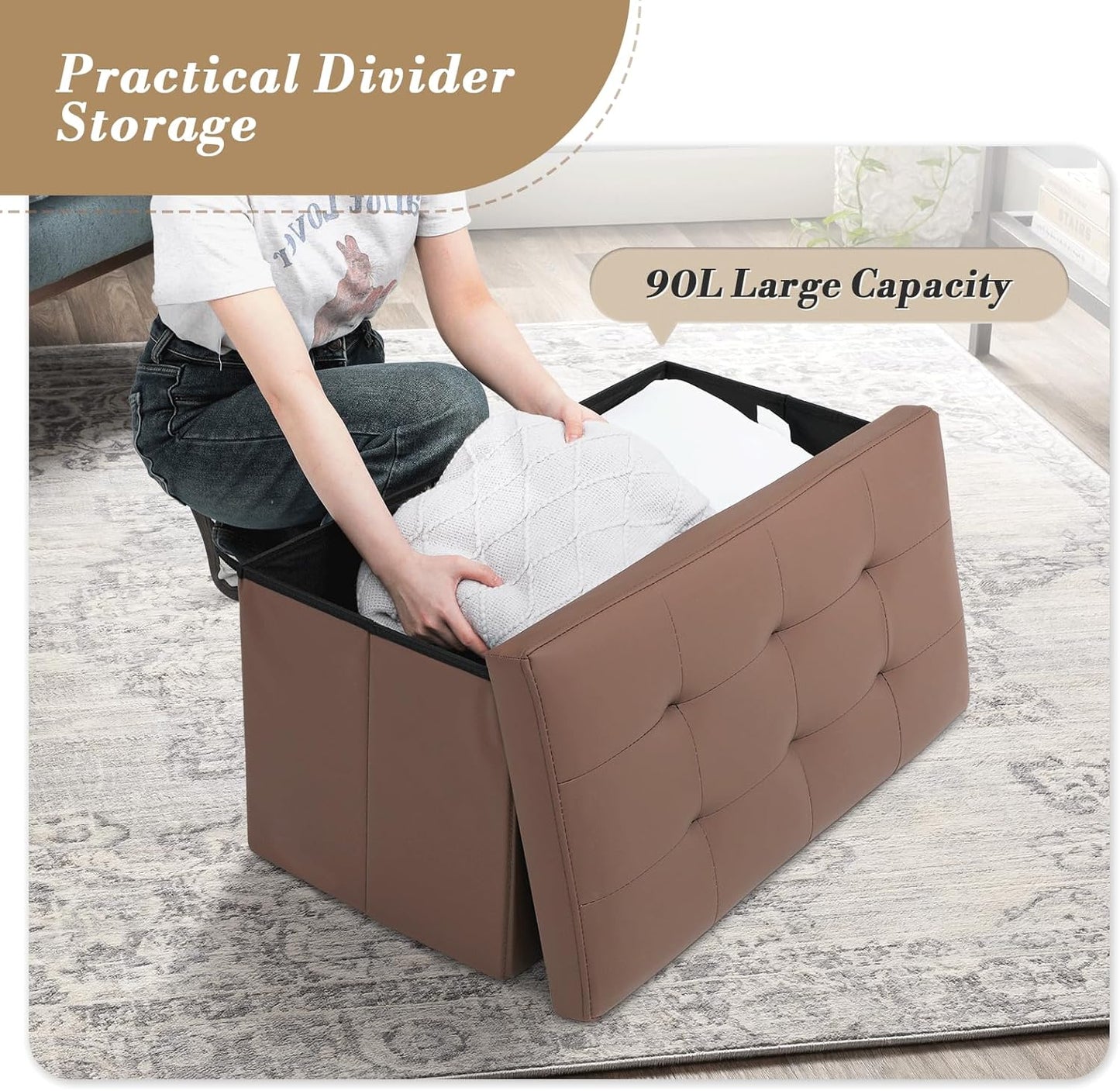 Athena Collection 30" Storage Ottoman Bench Folding Bench with 90L Hidden Storage, Large End of Bed Bench PU Leather Foot Rest Stool Chest with Flipping Lid for Living Room, Bedroom, Entryway, Brown