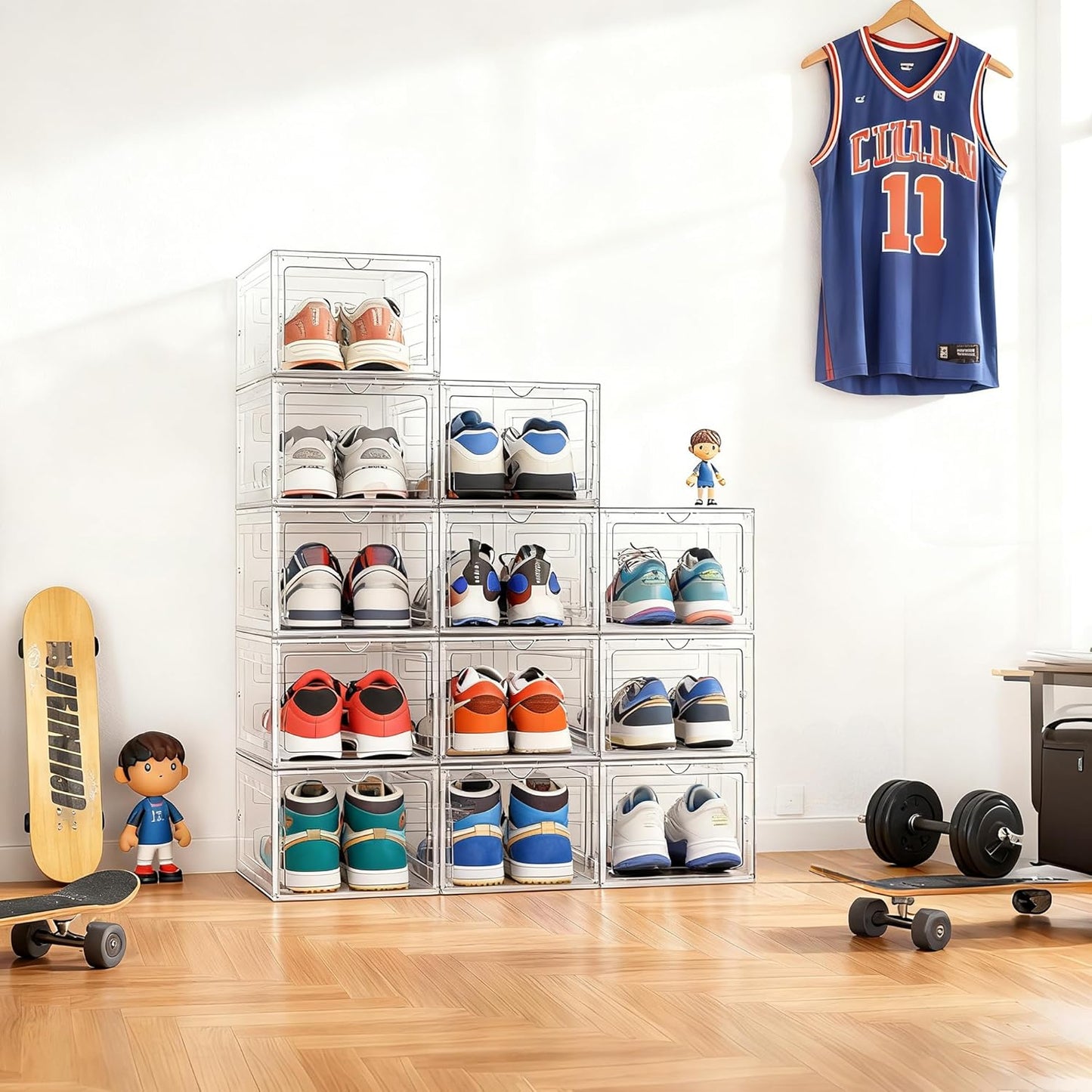 Pinkpum Upgraded Hard Shoe Storage Box 12 Pack X-Large Fit Size 12, Thicken & Sturdy Clear Plastic Stackable Shoe Organizer Box Closet, Sneaker Storage Display Case Holder Bins with Magnetic Door