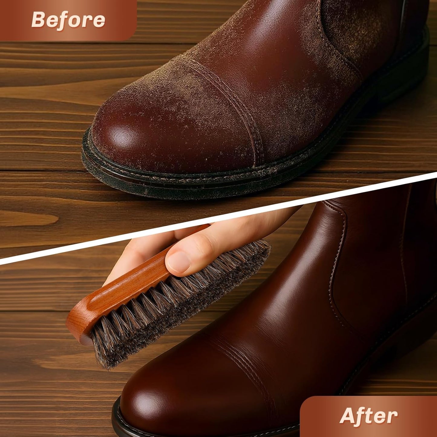 2 Pcs Horsehair Shine Shoes Brush Kit Polish Dauber Applicators Cleaning Leather Shoes Boots Care Brushes Suede Cleaner Brush(Brown Concaved Brush)