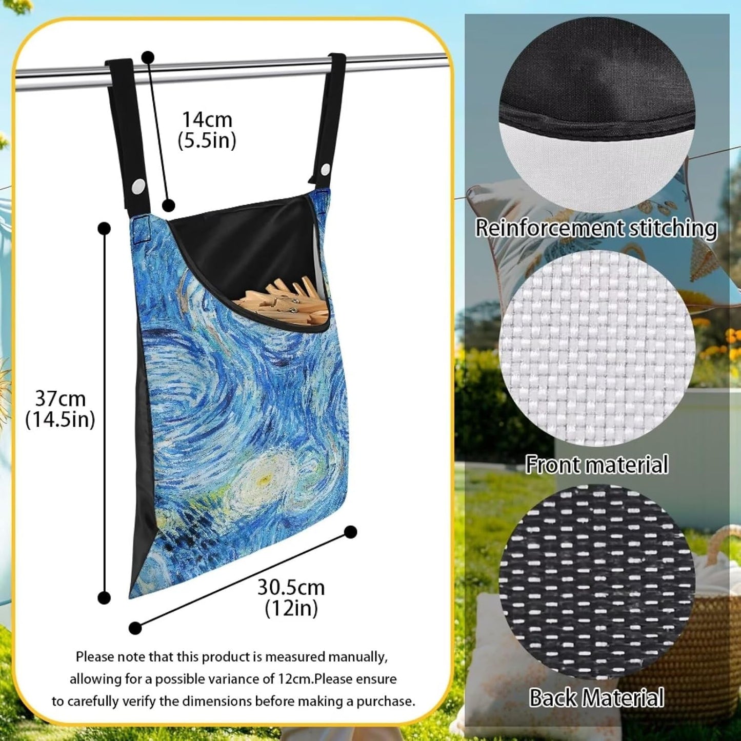 Clothes Pin Bag Clothespin Storage 14.5x12in - Creative Starry Night Print Oversized Windproof Bag with Reinforced Stitching - Heavy Duty Hanging Organizer for Frequent Laundry Use