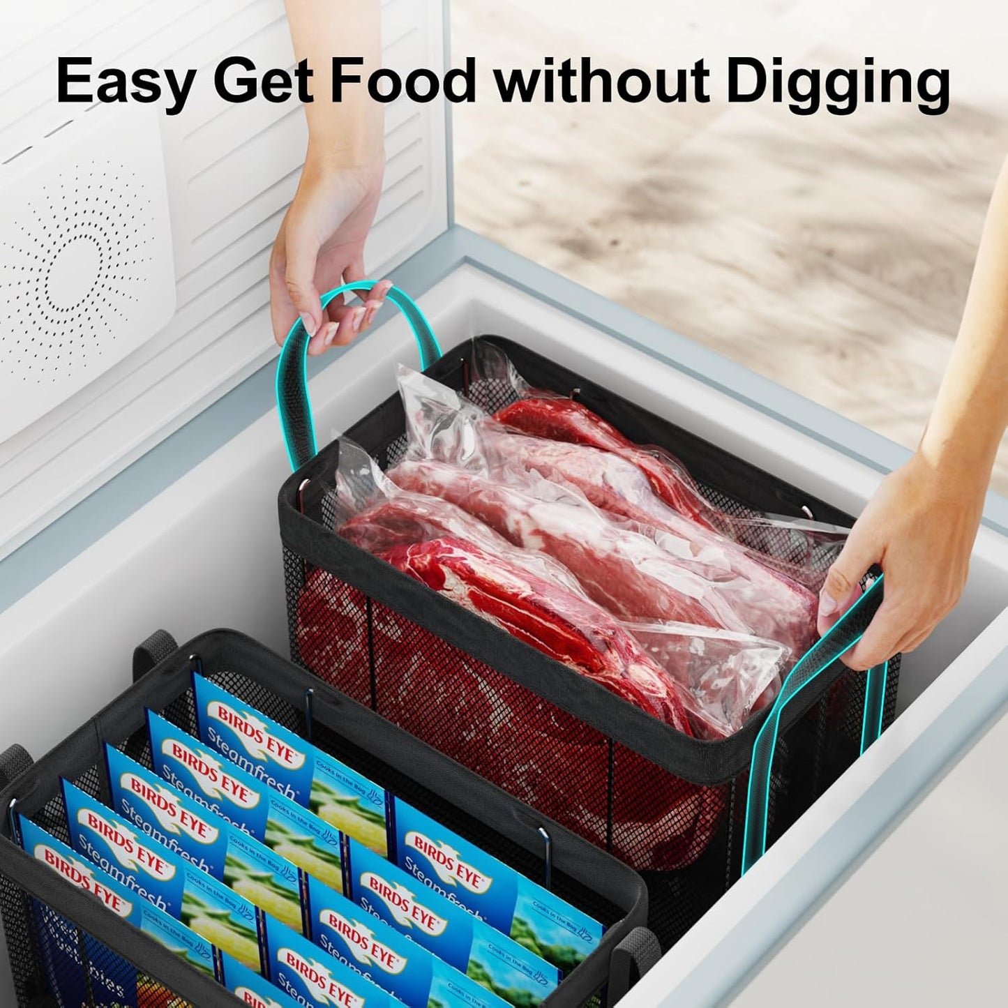 iSPECLE Deep Freezer Organizer Bins - 4 Pack Large Stackable Freezer Organizer Bins for 5 to 7 Cu.Ft Chest Freezers Easy Get Foods without Digging, Faster Freezing Better Freshness, Black