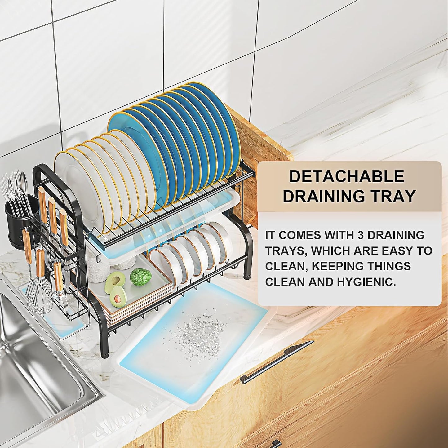 LEGUANG 2-Tier Stainless Steel Dish Drying Rack, Space-Saving Kitchen Organizer for in/Over Sink/Counter, with Removable Drain Tray & Cutlery Holder & Utensil Holder, Black