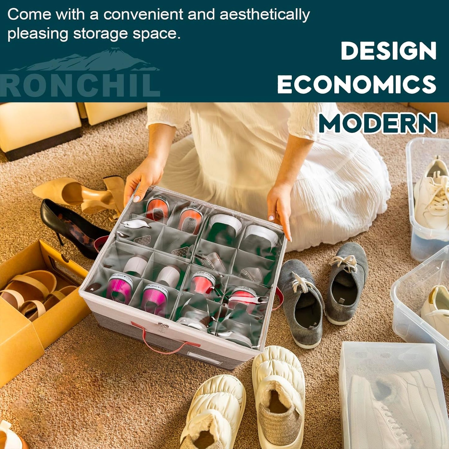 Shoe Organizer for Closet, Foldable Shoe Storage Bins with Clear Cover, Space Saving Shoes Holder with 4 Handles, Large Adjustable Shoe Box Storage Containers, Fits 8-16 Pairs, 1 Pack, Beige