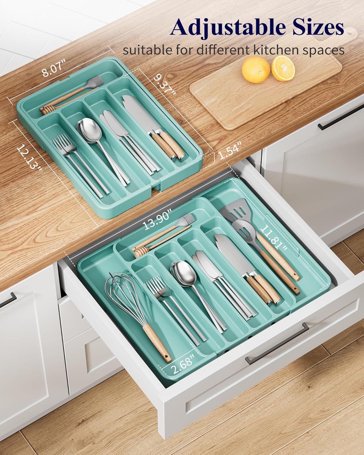 Kitsure Cutlery Drawer Organiser for Kitchen - Adjustable Cutlery Tray for Effortless Utensil Sorting, Versatile Kitchen Storage & Organisation Solution, 12.13" x 1.54" x 8.07"~13.90", Green