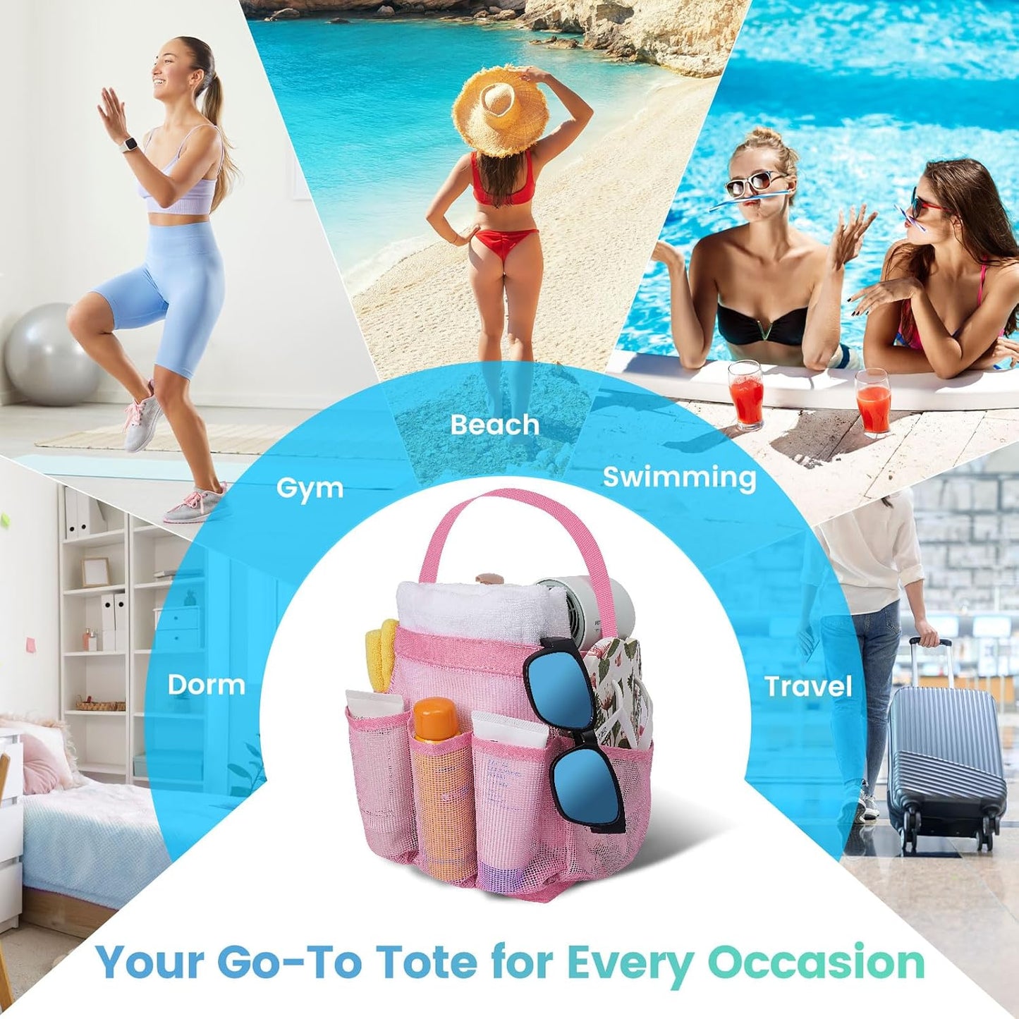 Camping Essentials Shower Caddy Portable for College Dorm Room Essentials for Girls with 8 Pockets,Large-Capacity Shower Caddy Dorm Basket,Quick Dry Bath Bag for Bathroom,Gym,Travel,Swim,Beach-Pink