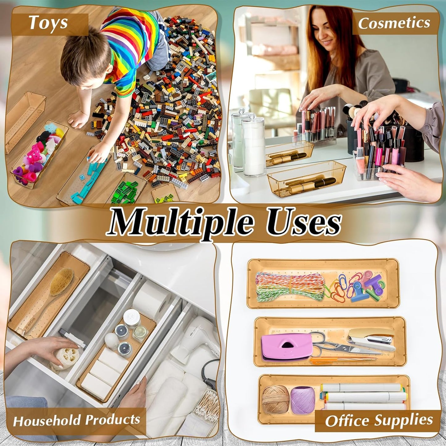 Maitys 12 Pcs Vanity Drawer Organizer 9 x 3 x 2 Inches Clear Plastic Utensil Organizers Kitchen Drawers Dividers for Office Desk Silverware Kitchen Utensils Cosmetics and Bathrooms(Champagne)