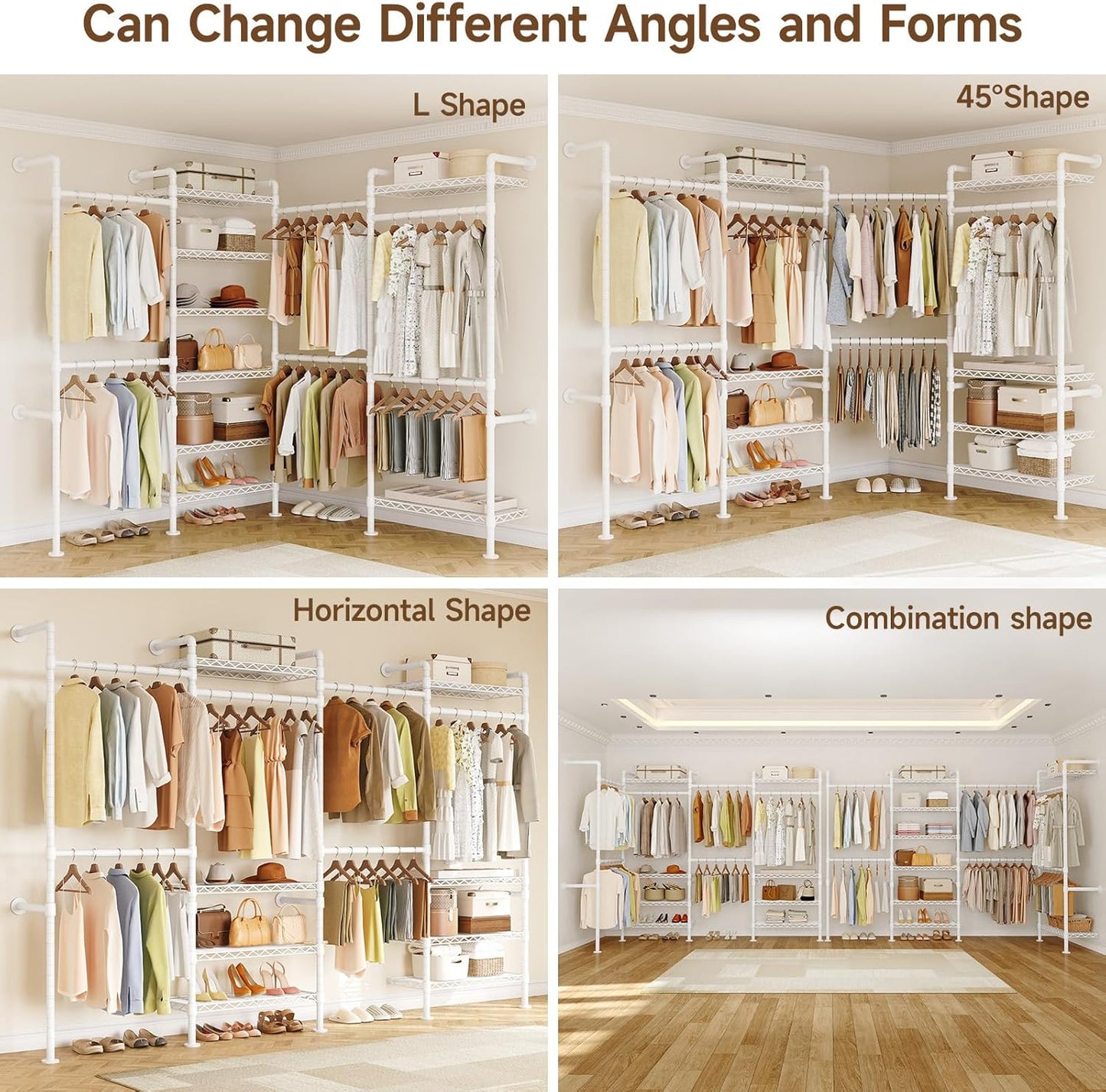 ONBRILL L4 Wall Mounted Industrial Pipe Clothing Rack, Closet Organizer System with 6 Hanging Clothes Rods ( 4 Expandable Rods) & 8 Shelves, Heavy Duty Corner Garment Rack, Large Wardrobe - White