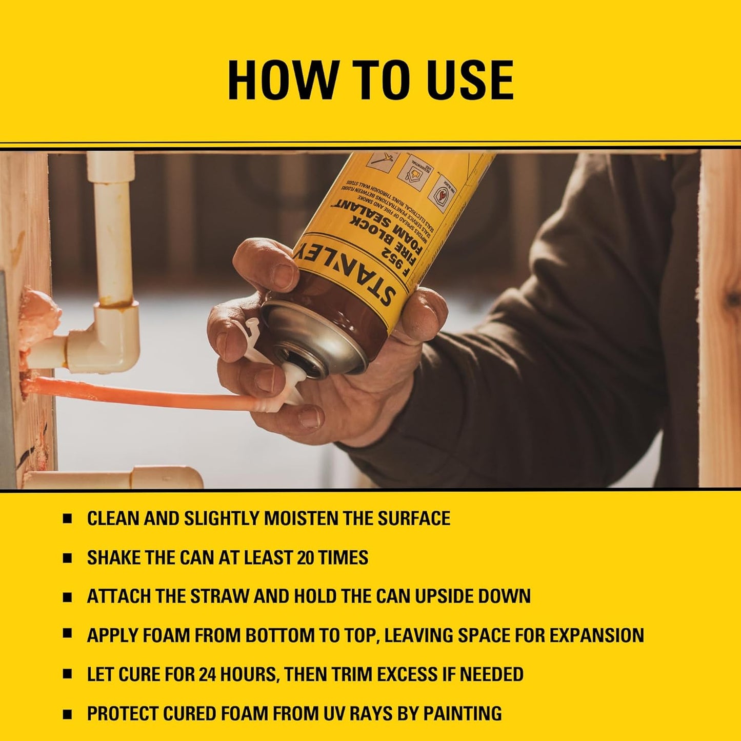 Stanley F952 Fire Block Spray Foam – (2x12oz) Fire Rated Expanding Polyurethane Foam Sealant for Gap Filling & Sealing on Doors, Windows, Walls, Pipes & Joints – Indoor/Outdoor Straw Use | 2 Pack