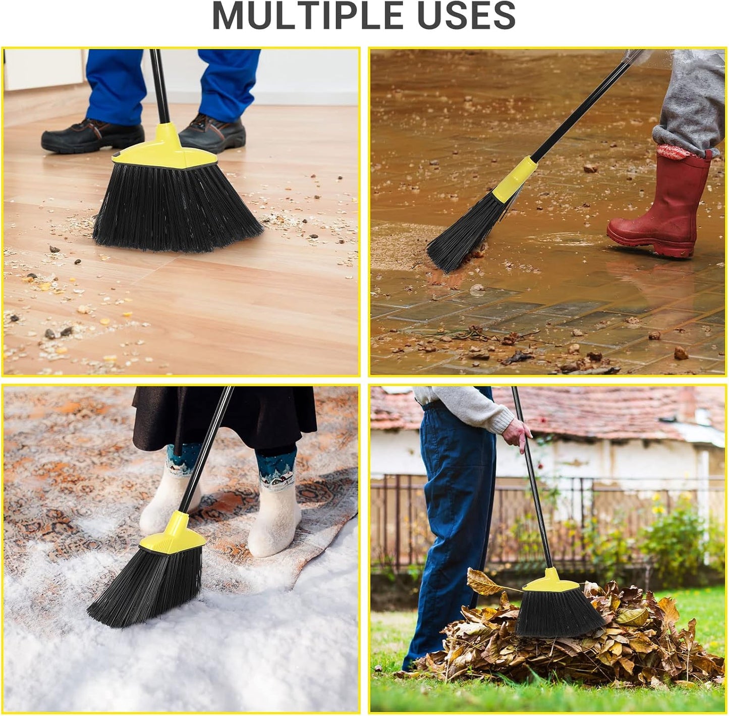 12 Pcs Heavy Duty 53 Inch Commercial Angle Brooms for Sweeping Indoor Outdoor - Black Broom with Long Handle for Garage, Courtyard, Patio, Lobby, Mall, Market, Shop, Sidewalk, Floor (Yellow)