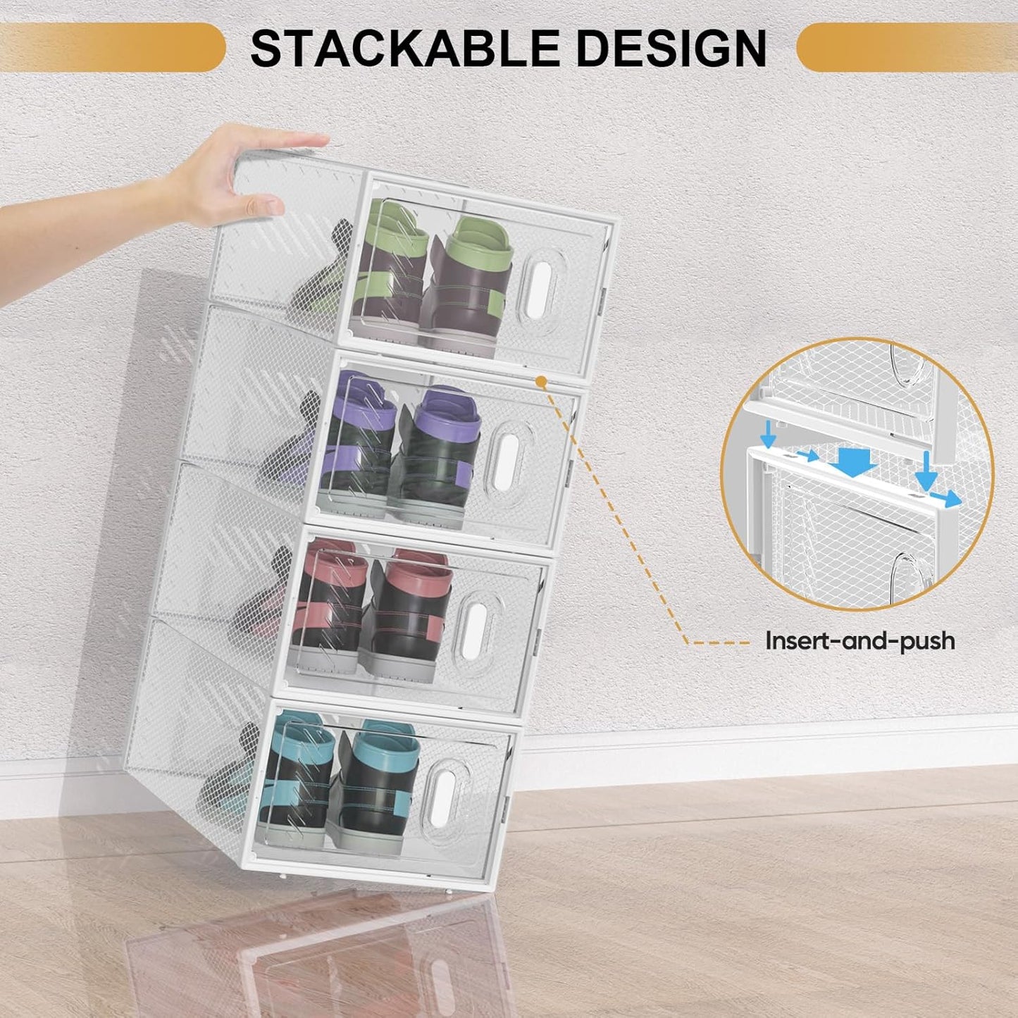 BALEINE 3 Pack Stackable Shoe Storage Boxes Fit Size 11, Thickened Clear Shoe Box Bins with Lids, Plastic Foldable Shoe Rack Organizer Sneaker Storage Containers (X-Large, White)