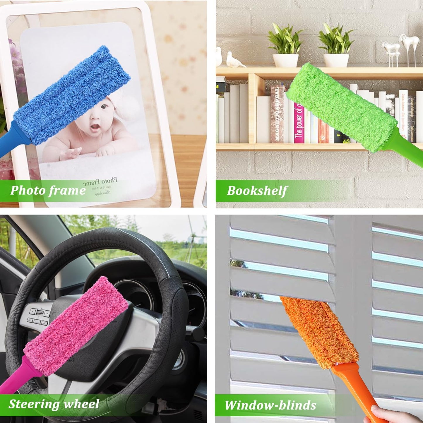 4 Pack 15 inch Reuseable Microfiber Feather Duster, Blind Duster, Gap Duster, Removable and Washable Head, Cleaning Tool for Window, Blind, Car, Wall, Dead Corner Gap, Furniture, Sofa, Screen