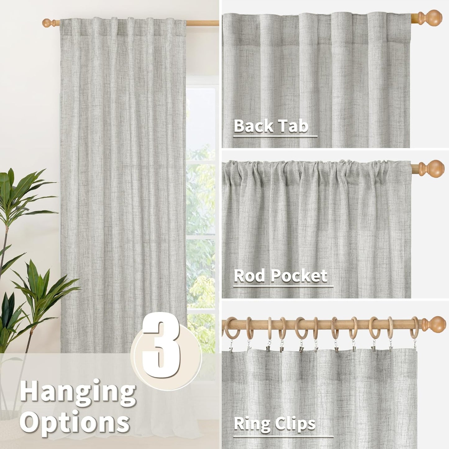 YoungsTex Light Grey Linen Curtains 80 Inch Length for Living Room, Light Filtering Semi Sheer Window Drapes Rod Pocket Back Tab Curtain for Bedroom Dining Office Farmhouse, 2 Panels, 52 X 80 Inch