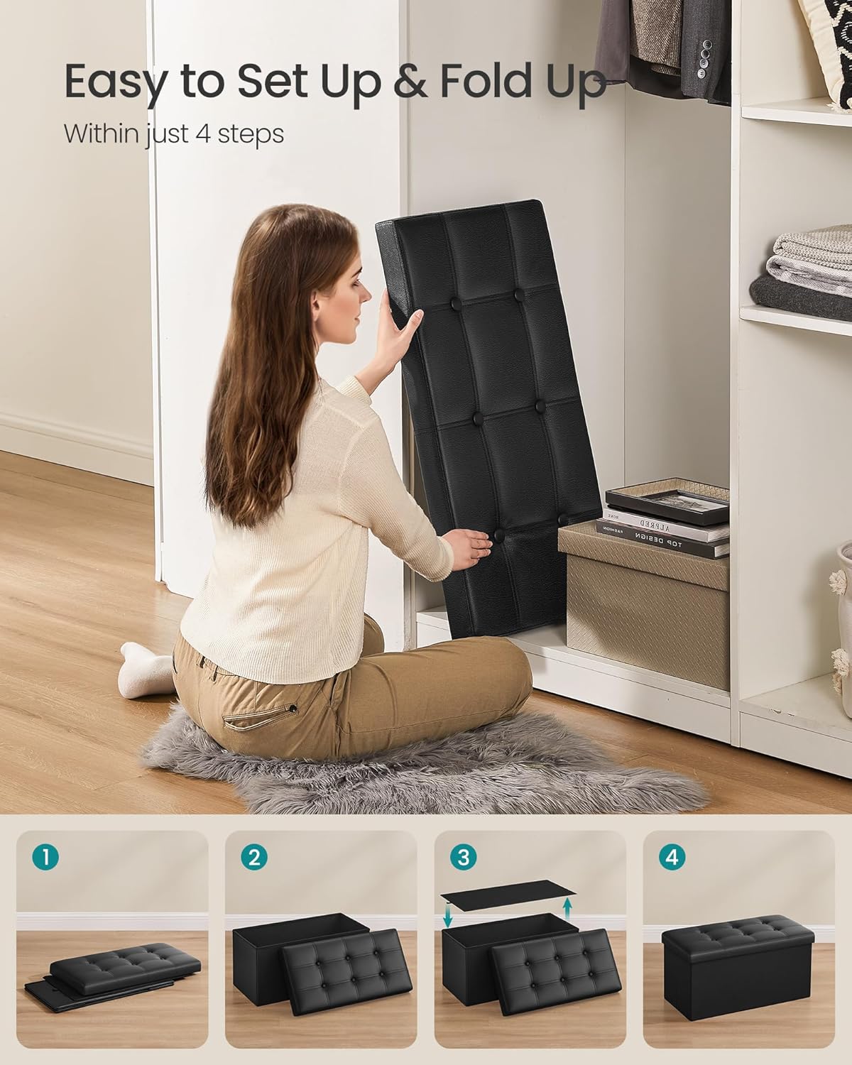 SONGMICS MAZIE Collection - 30 Inches Folding Storage Ottoman Bench, Ottoman with Storage, Foot Rest Stool, Load 660 lb, for Living Room, Synthetic Leather, Black ULSF105