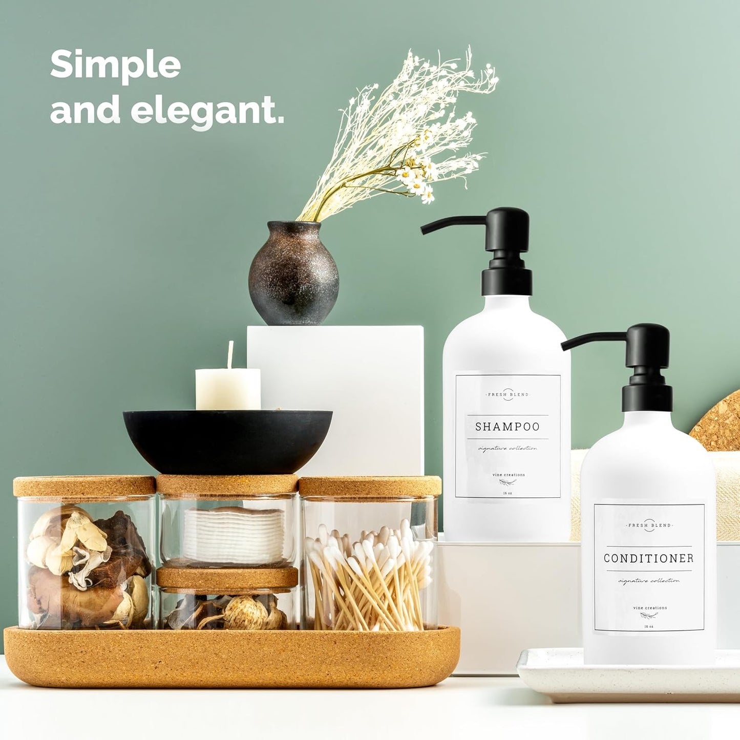 Vine Creations Glass Soap Dispenser, 2 Pack Kitchen Soap Dispenser Set with Ceramic Tray, Stainless Steel Pump, Dish Soap and Hand Soap Dispensers for Bathroom or Kitchen Decor with Waterproof Labels