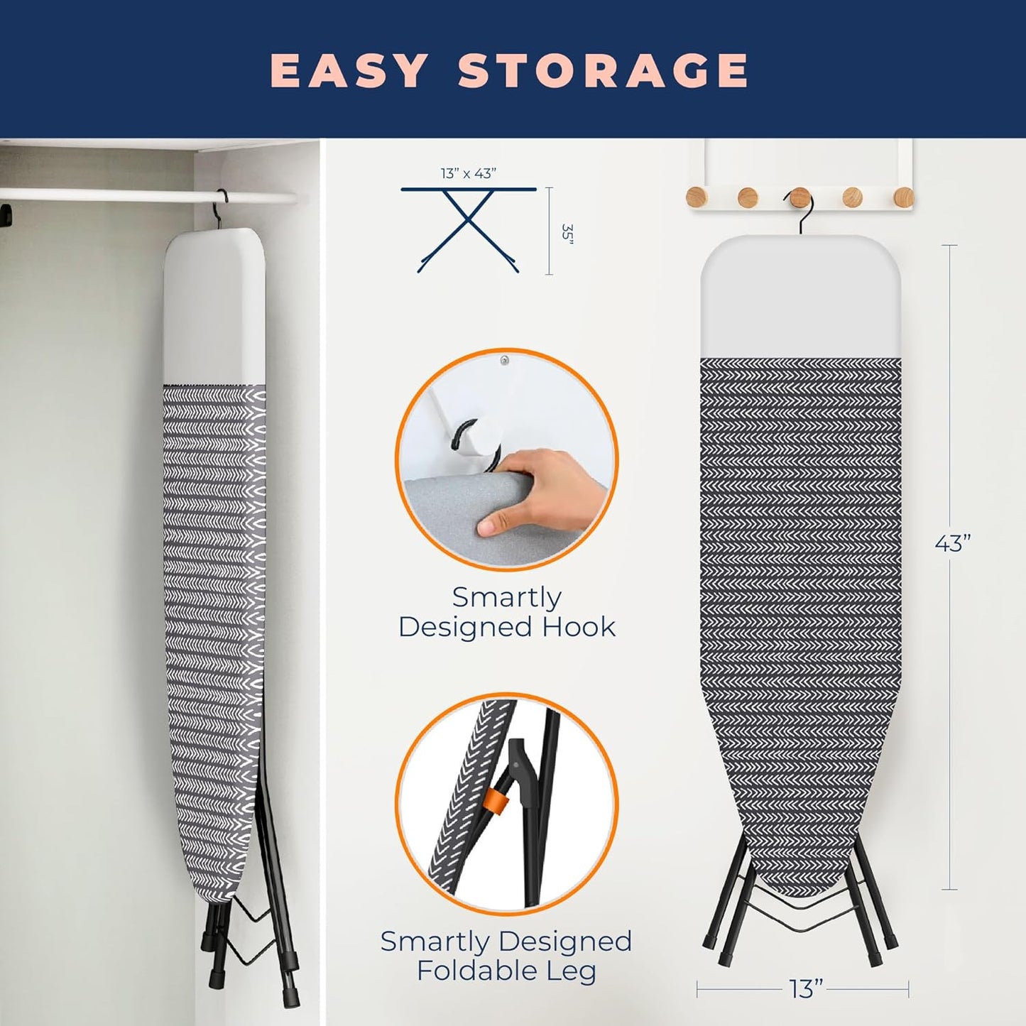 Happhom Ironing Board, Compact and Space Saver Iron Board, Safety Ironing with Park Zone and 4 Layers Extra Thick Cover, Patented Lock System for Foldable Leg, Easy Storage with Smart Hanger (13x43)