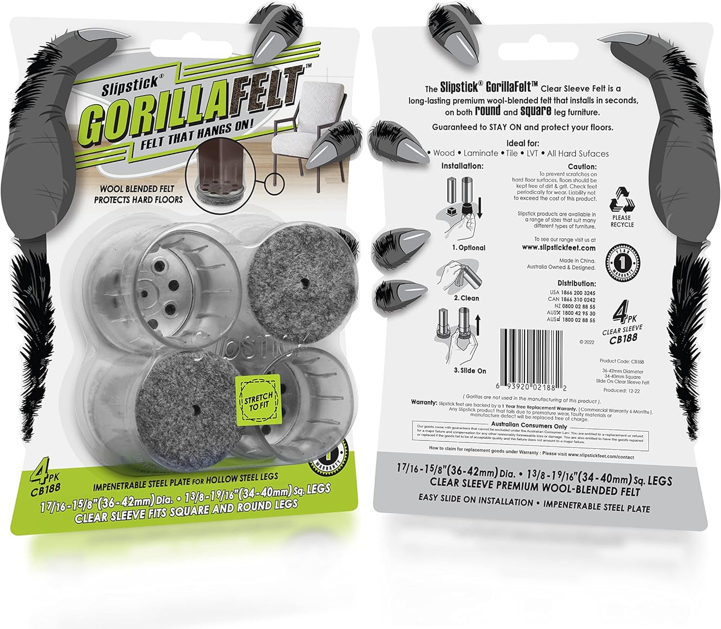 Slipstick GorillaFelt Chair Leg Floor Protectors for Hardwood Floors, Clear Sleeve Felt Pads for Furniture That Stay On, Fits Round & Square Legs, Includes 4 Premium Transparent Chair Socks, CB188