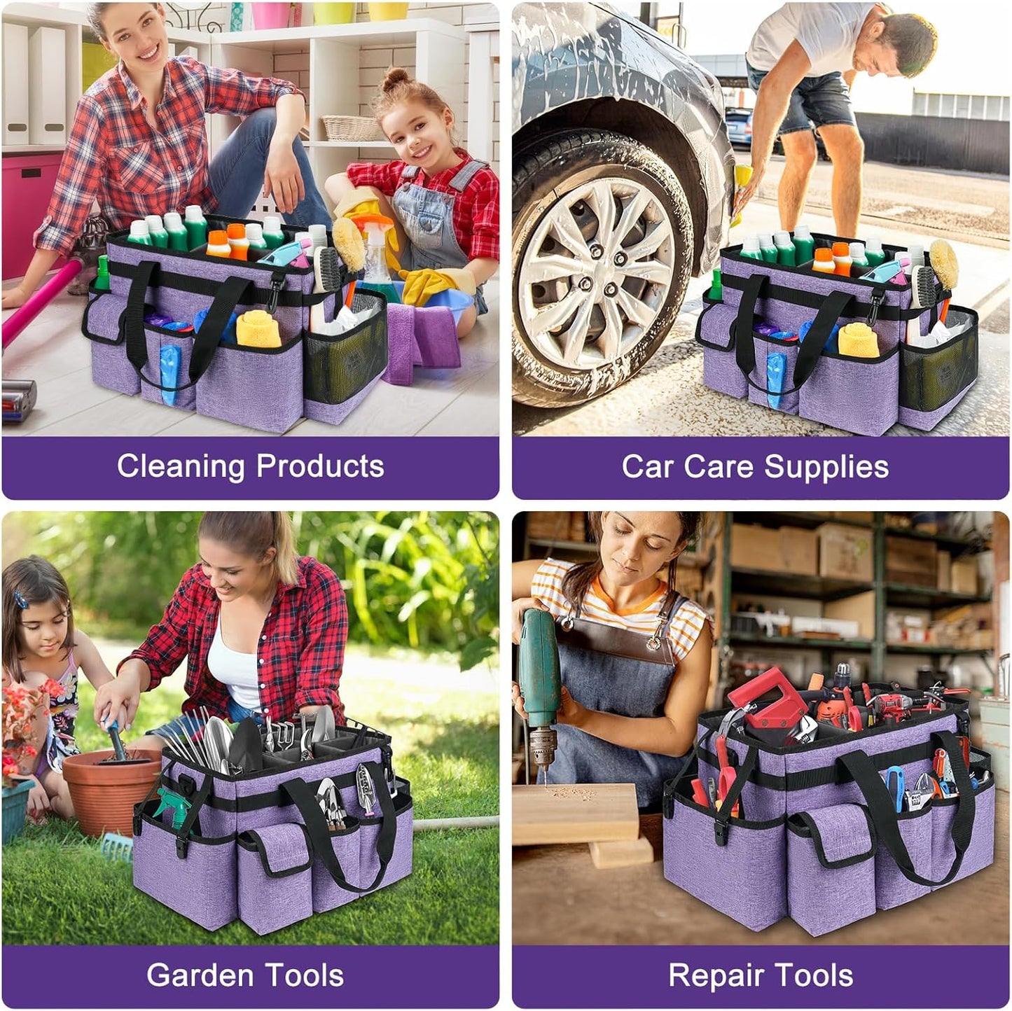Cleaning Caddy Bag,Large Cleaning Supplies Organizer with Handle for Housekeepers,Purple