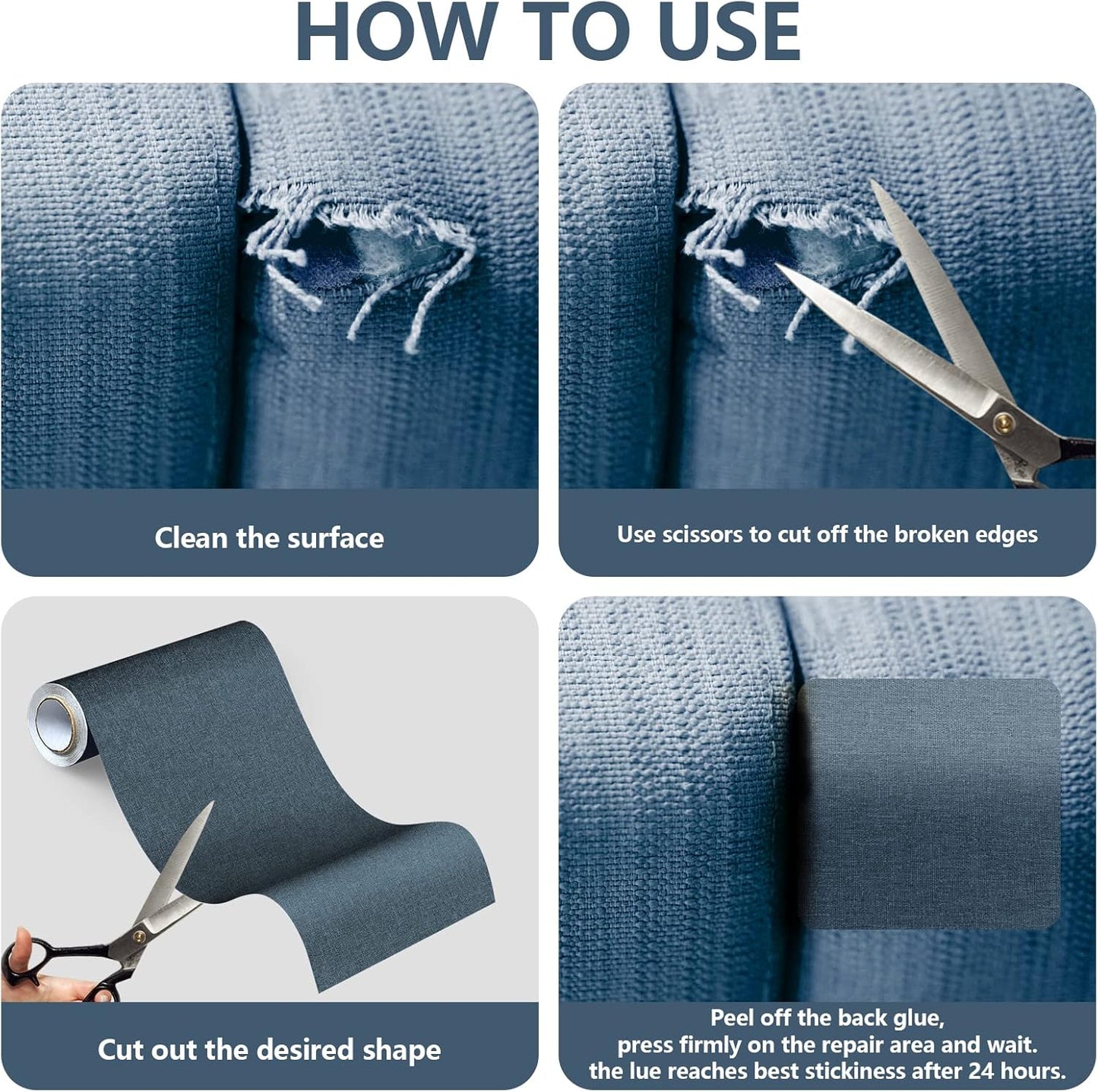 Fabric Repair Patches, Linen Repair Tape Self-Adhesive Fabric Patches Durable, DIY Large Linen Tape for Sofa, Couches, Furniture, Chair, Clothing (3.5X79 Inch, Blue Grey)