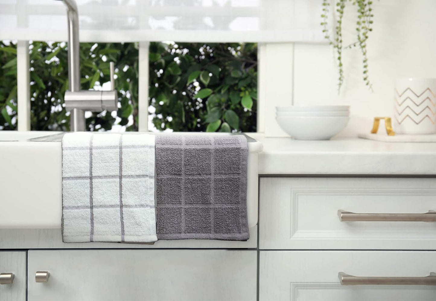 100% Cotton Terry Dish Cloth & Dish Towel, 6 Pack, Super Soft and Absorbent Kitchen Towels, Perfect for Kitchen Cleaning and Dish Washing (Grey (Solid and Checks) 8 Pack)