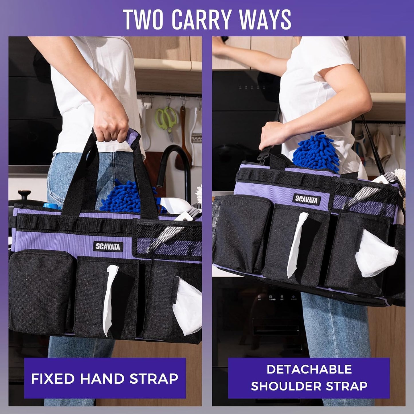 Wearable Cleaning Caddy Bag, Cleaning Caddy Supplies Organizer with Handle & Shoulder Straps for Housekeepers, Under Sink & Car Cleaning Tool Organizers with 4 Foldable Divider (Purple)