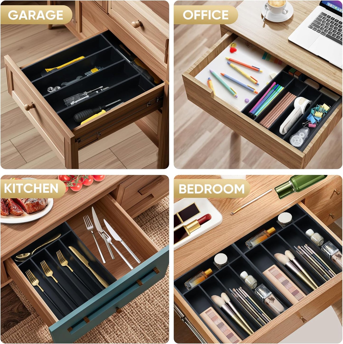 Silverware Organizer, 2 Pack 10 Inch Utensil Organizer Kitchen Drawer Organizer Bamboo Silverware Holder Cutlery Tray Organizer in Drawer Flatware Organizer Tray(5 slots, Black)