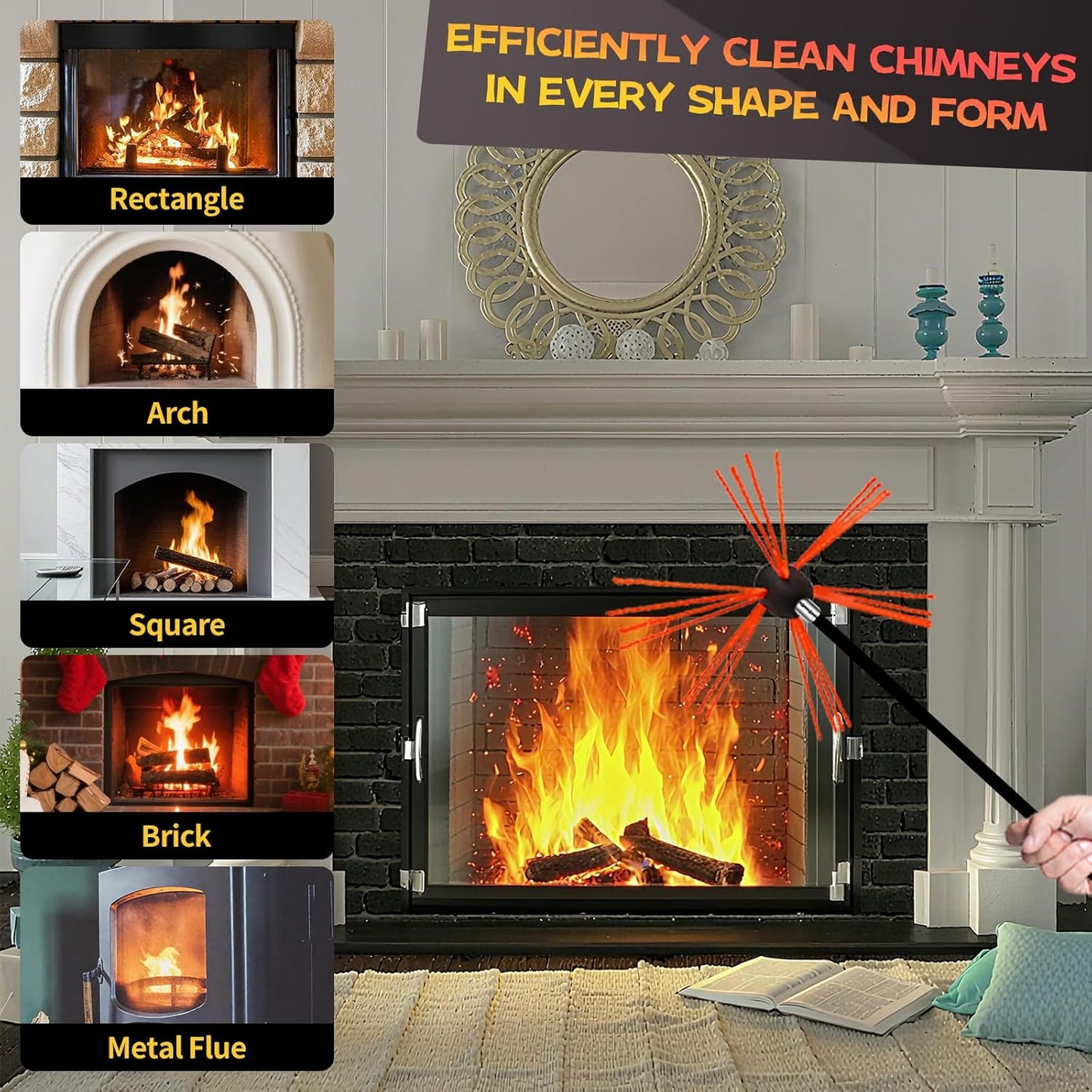 26 Feet Chimney Sweep Kit, Chimney Cleaning Kit with 8 Flexible Black Chimney Rods, Chimney Brush for Sweeping Fireplace, Rotary Chimney Cleaning System Driven by Drill