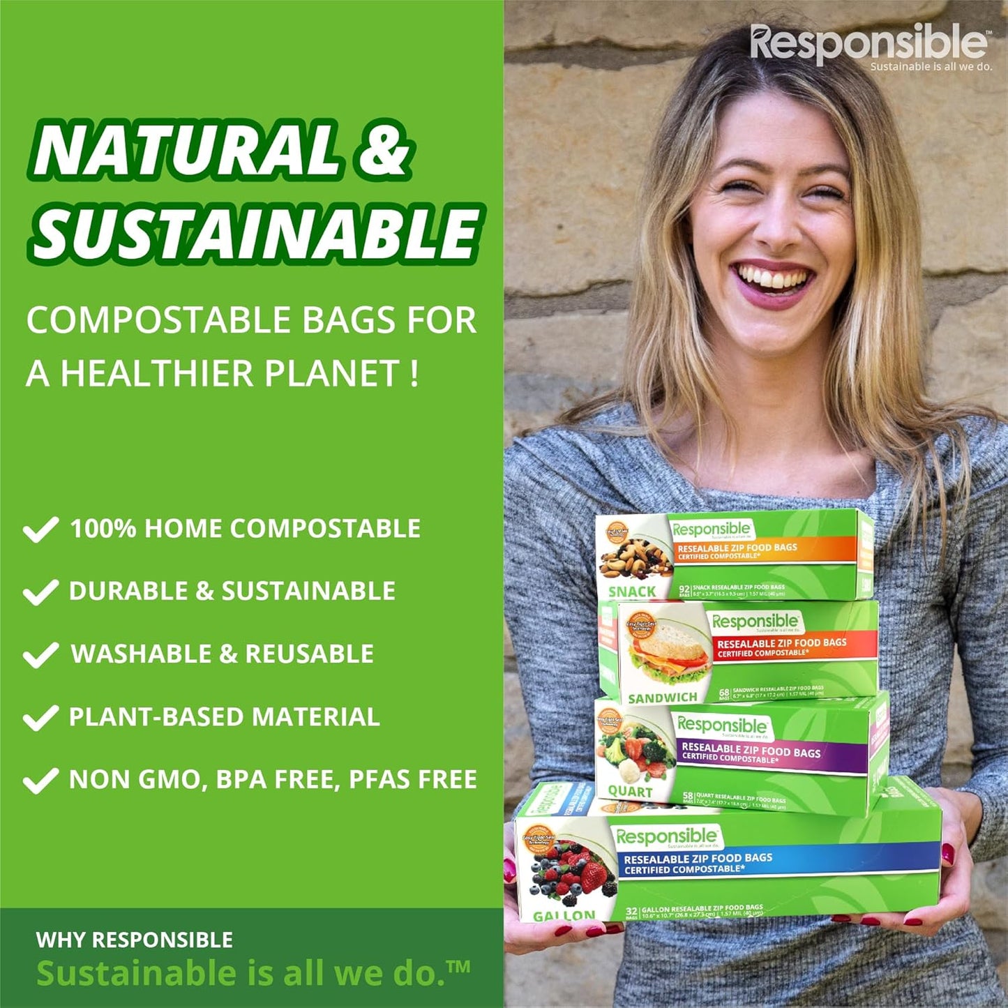 Responsible Products Certified Compostable Large GALLON Resealable Zip Bag, Extra Strength Food Bags, Made from Plant Materials (32 Pack)