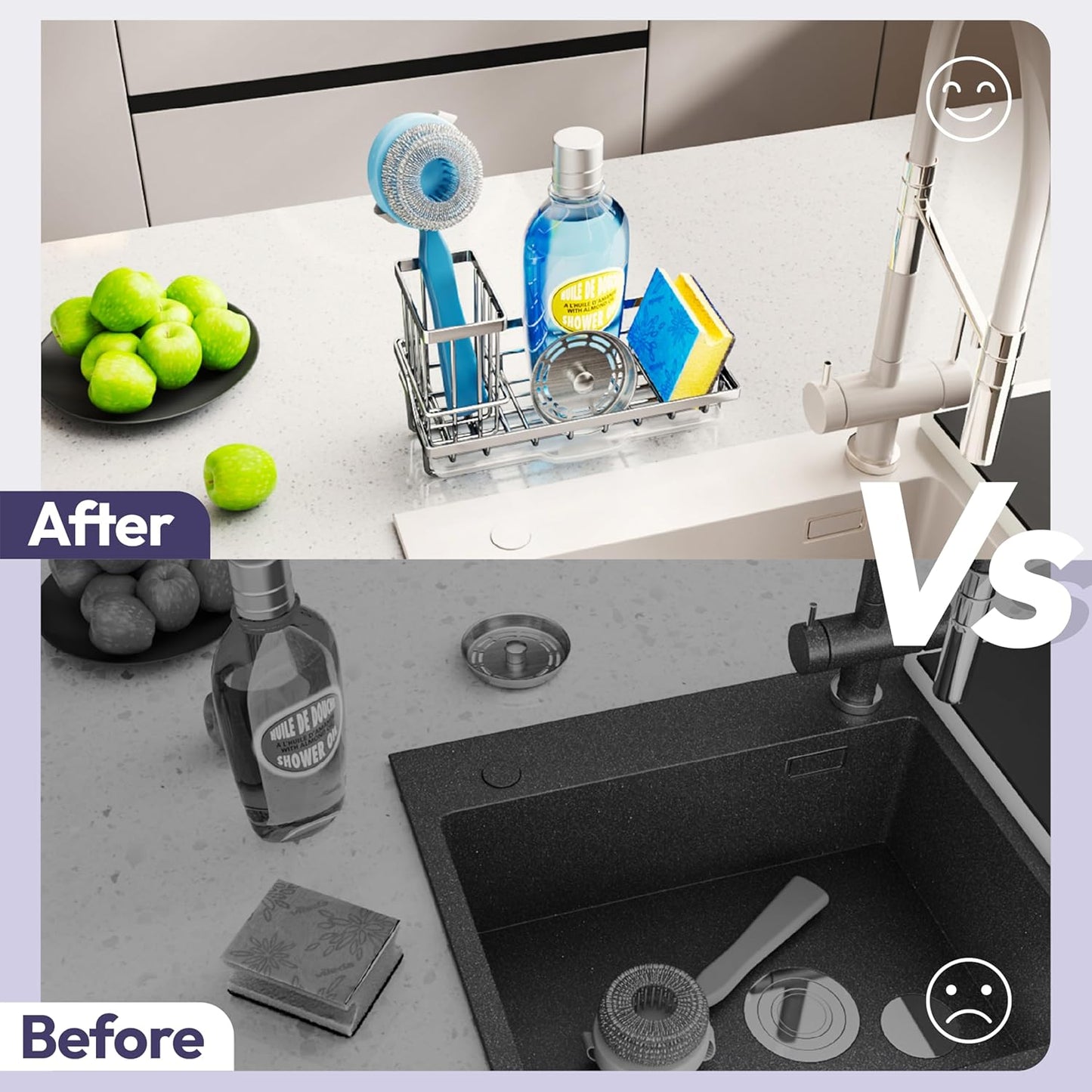 SWTYMIKI Kitchen Sink Caddy Sponge Holder, Kitchen Sink Organzier and Storage with High Brush Holder and Drip Tray for Dish Sponges, Silver