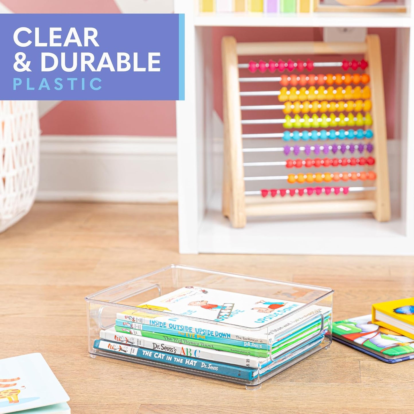 Plastic Food Storage 4 Pack Clear Container Bin with Handles for Organizing Kitchen, Pantry, Refrigerator, Freezer, Pantry, Cabinet, Closet, Bathroom. Stackable 10”x8”x3”